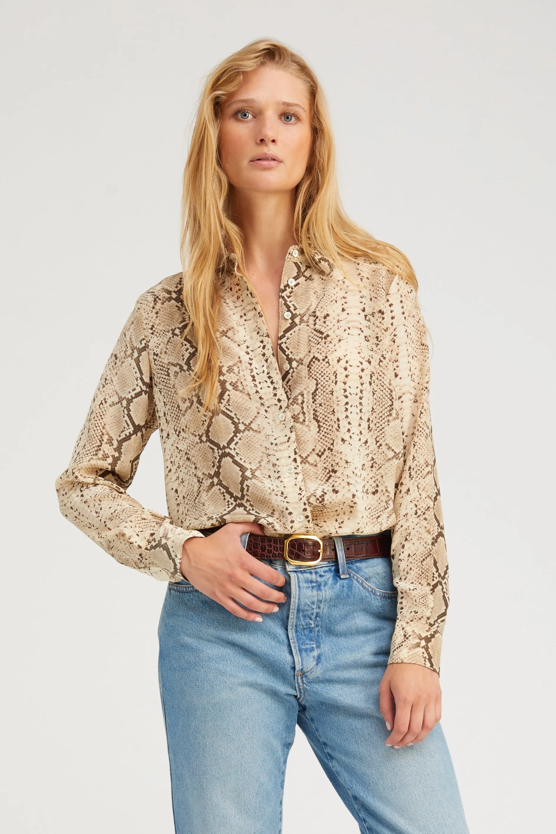 Beige Snakeskin Silk Fitted Button Down Metallic Fiber Blend SlubTexture