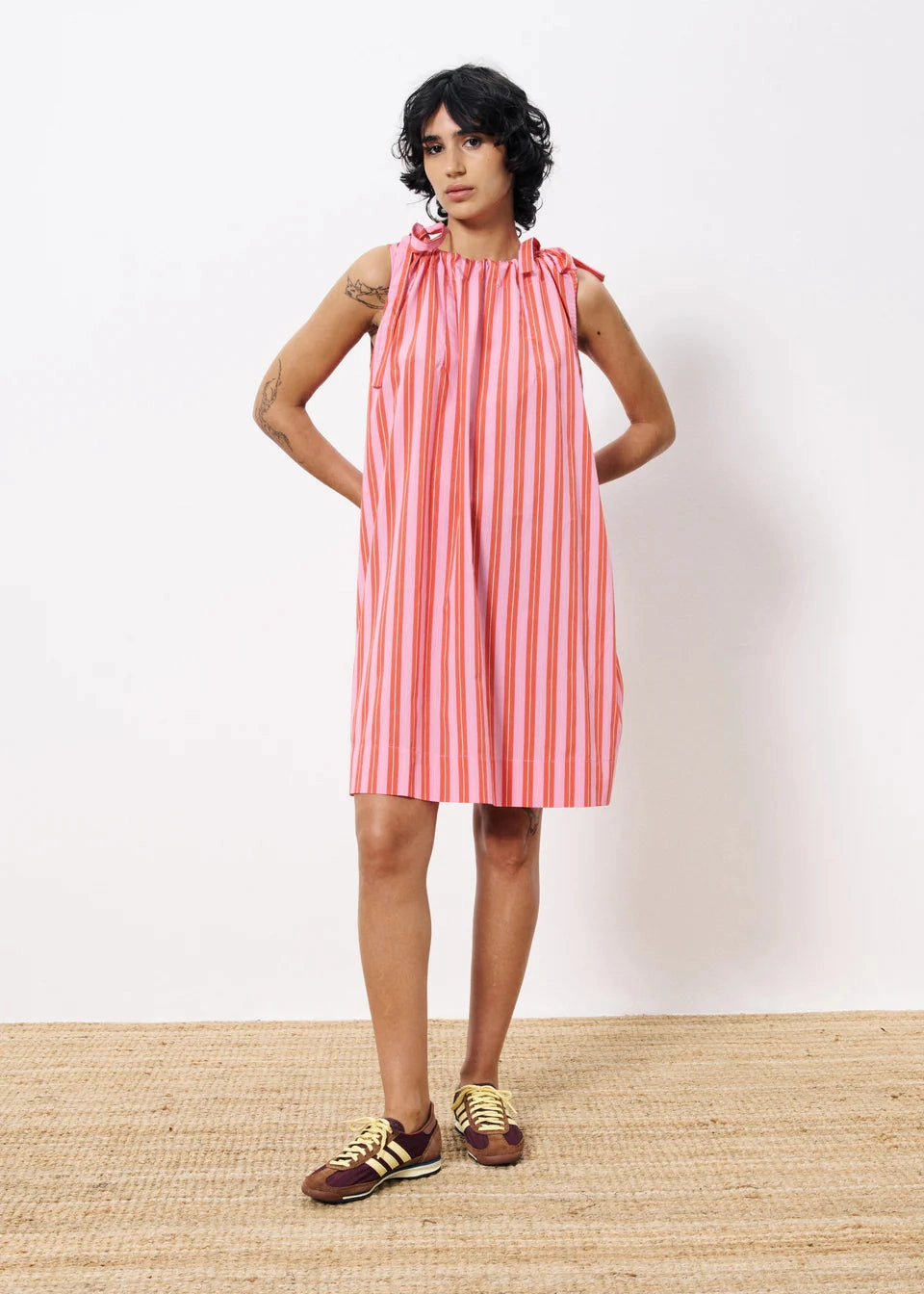 AELIA PINK STRIPED MINI DRESS Embroidered-Detail