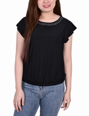 Short Flutter Sleeve Top With Studded Neckline TexturedSurface Stretch Fabric