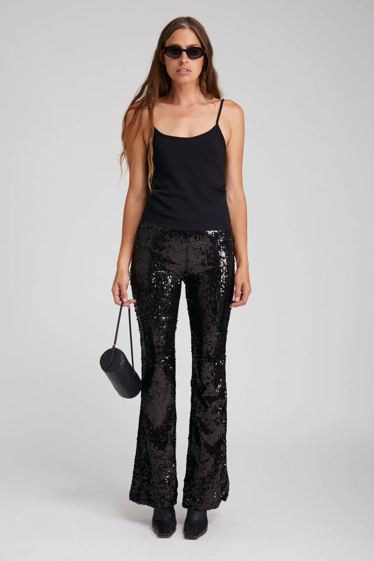 Black Crepe Scoop Neck Cami LaserCut Edges Casual Long Sleeve