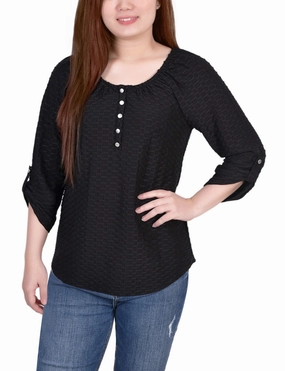 3/4 Sleeve Honeycomb Henley Top Multi Directional Mobility Ribbed Trims