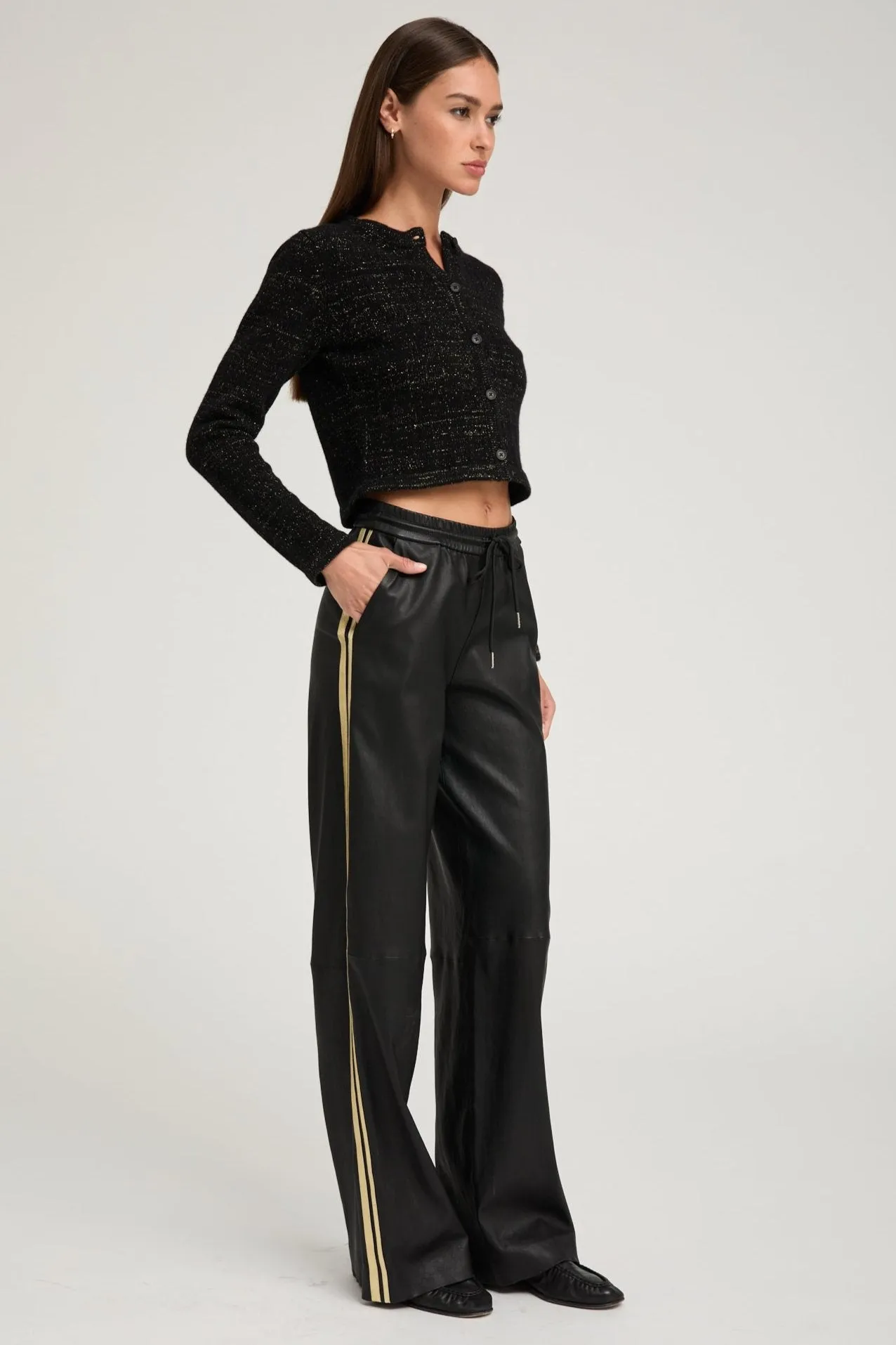 Elasticized Waistband GarmentDyed Black & Gold Cashmere Shrunken Cardigan