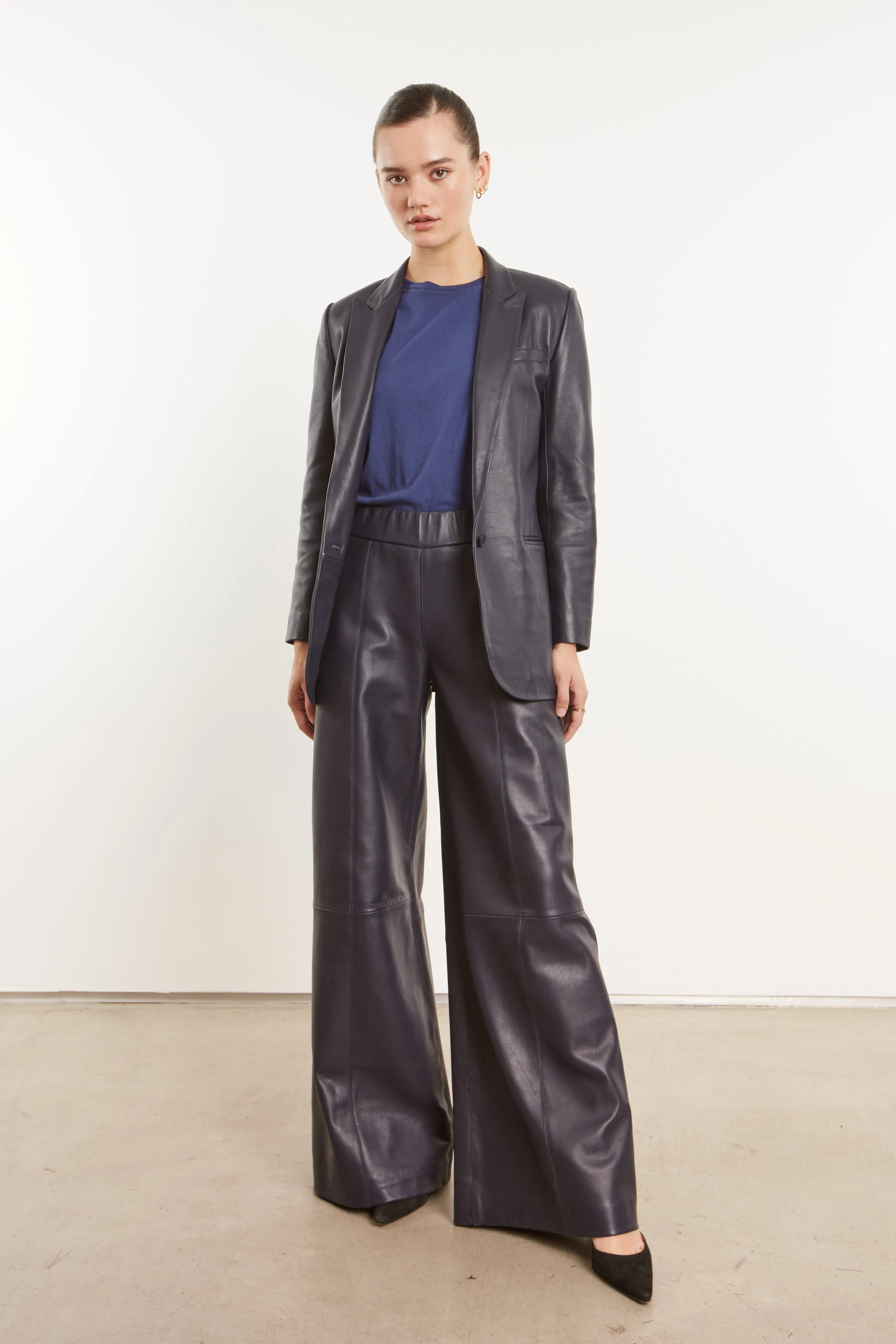 Navy Leather Blazer Anti Static Finish