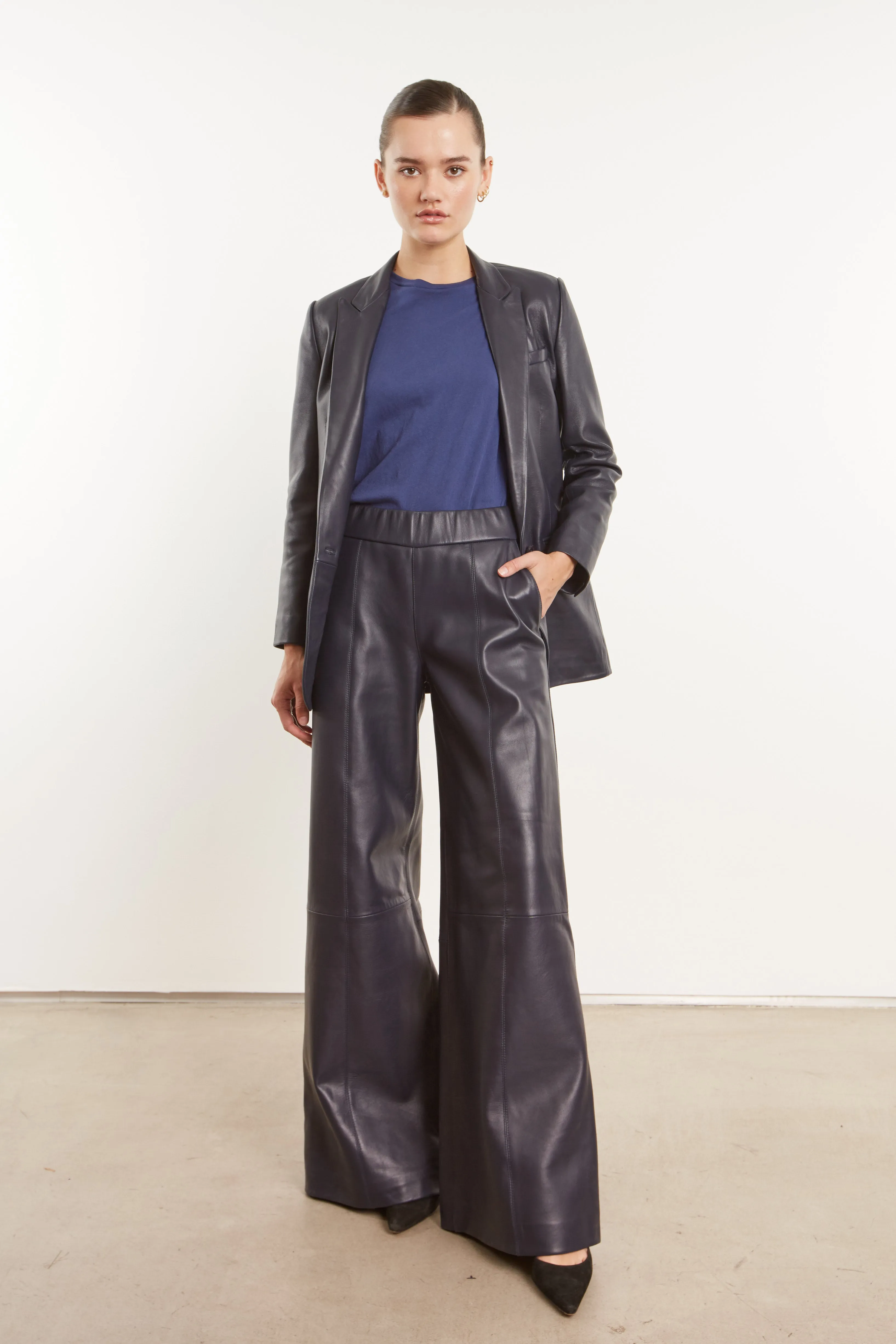 Heavy Duty Zippers Fringe Detail Navy Leather Blazer