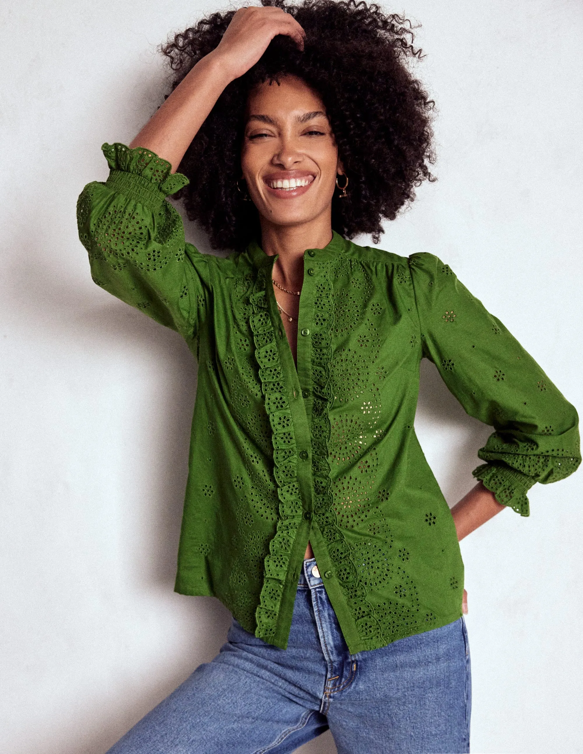 Slim Silhouette Alice Broderie Top-Promenade Green