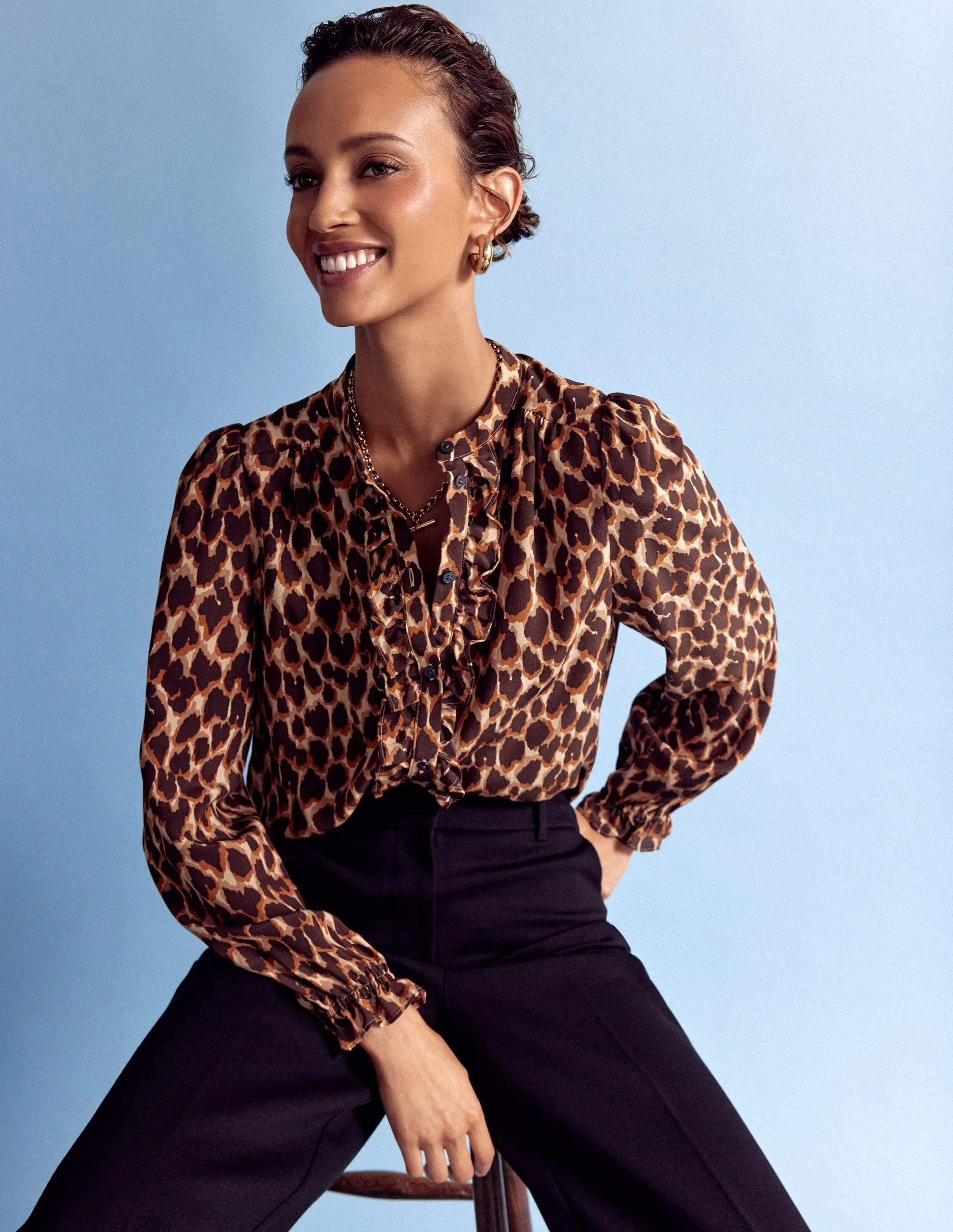 Alice Frill Front Silk Top-Leopard Spots NeutralPalette
