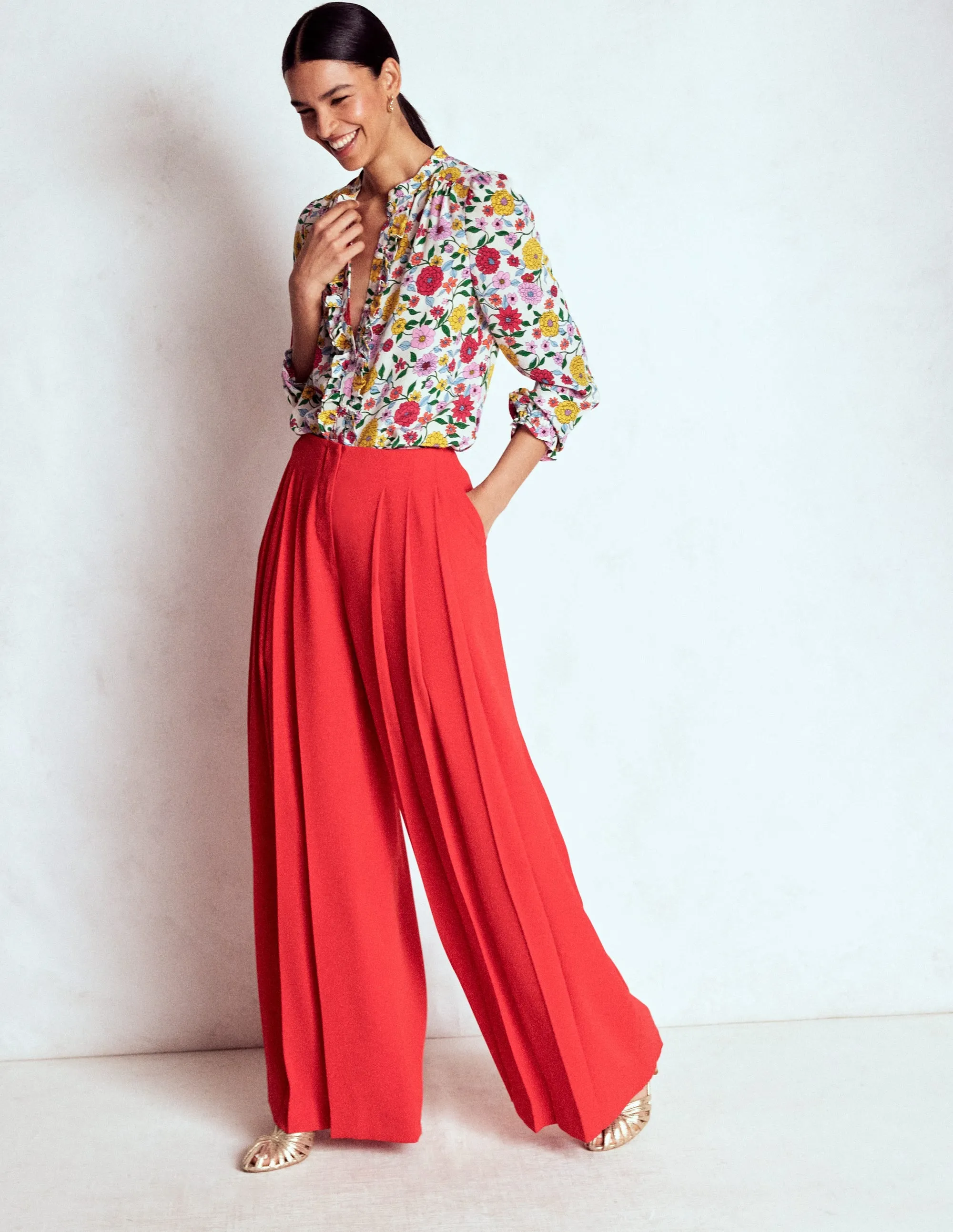 Alice Frill Front Silk Top-Multi, Dahlia Trail Non Restrictive Armhole Cut WrinkleFree Structure