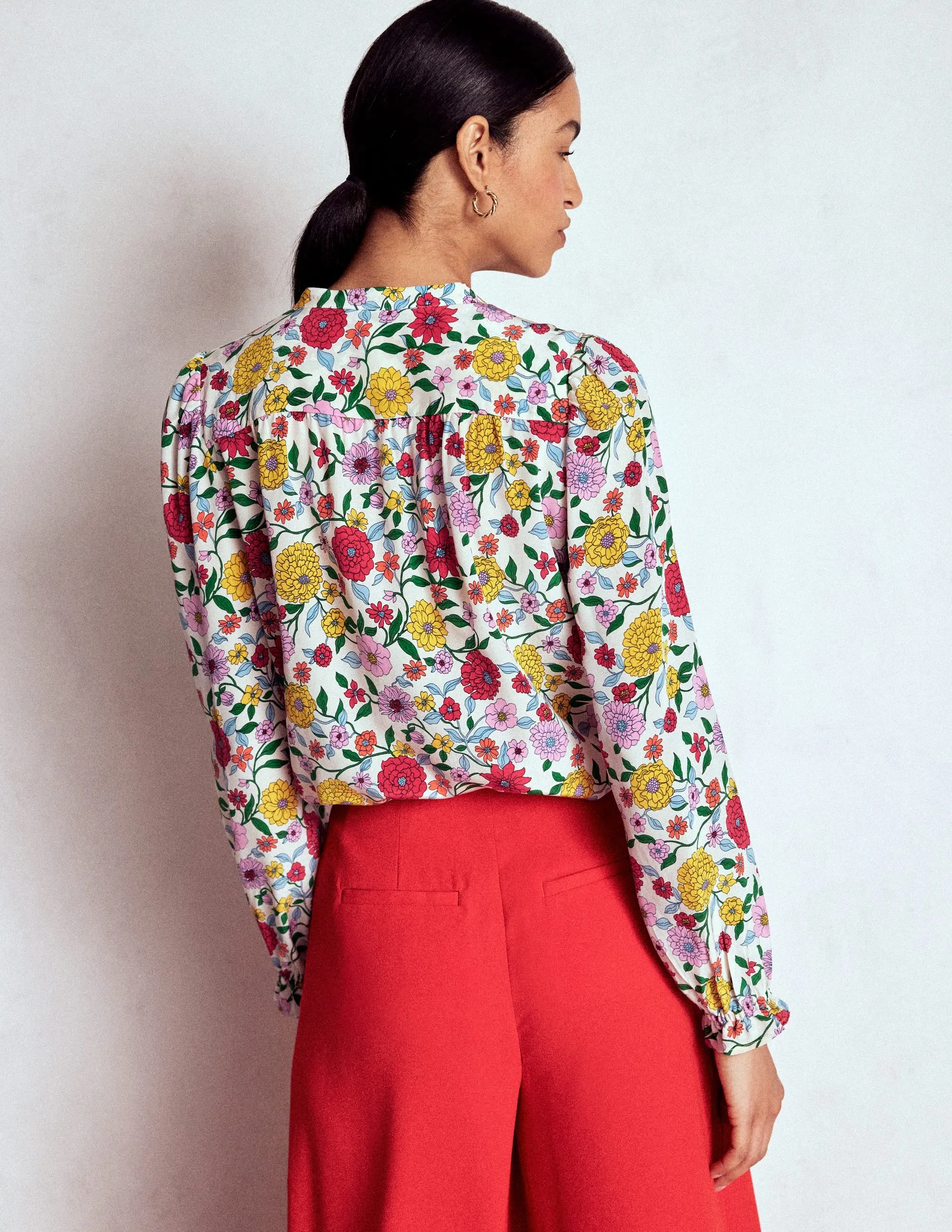 Alice Frill Front Silk Top-Multi, Dahlia Trail Reflective Accent Trim