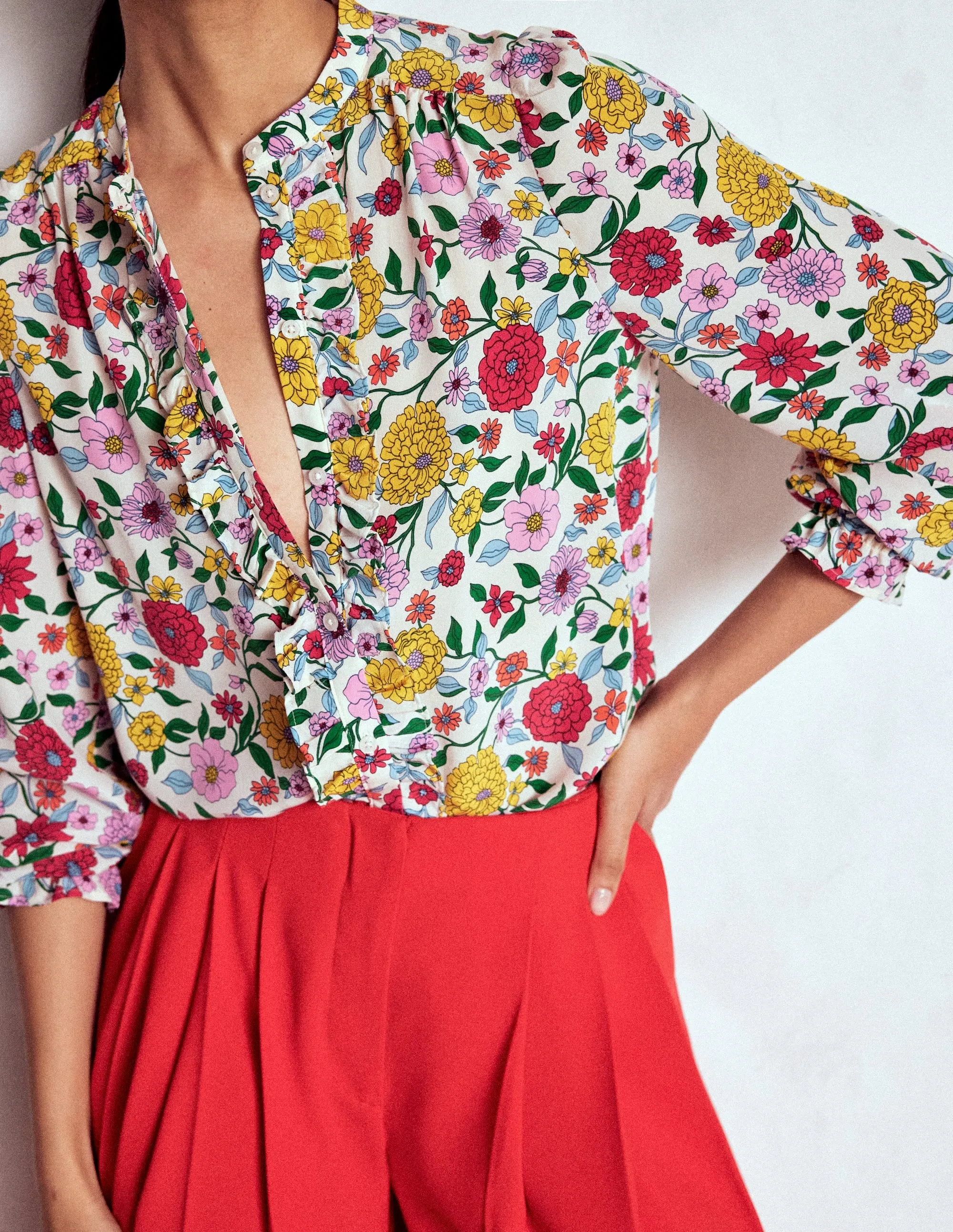 Alice Frill Front Silk Top-Multi, Dahlia Trail Retro design Lightweight