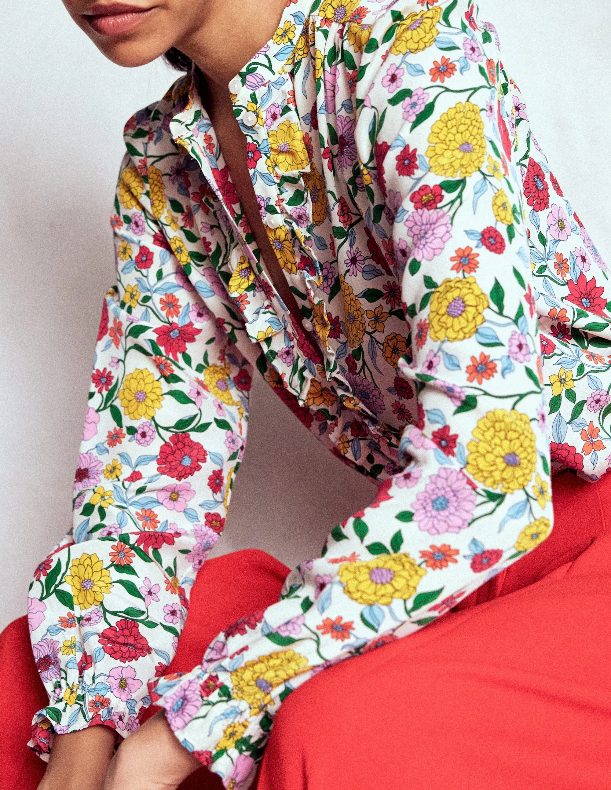 Bonded Seam Technology Alice Frill Front Silk Top-Multi, Dahlia Trail