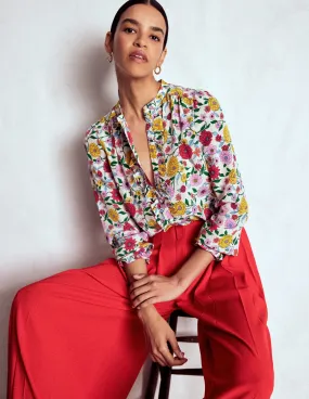 Alice Frill Front Silk Top-Multi, Dahlia Trail Wrinkle Free Texture Stretchy Top