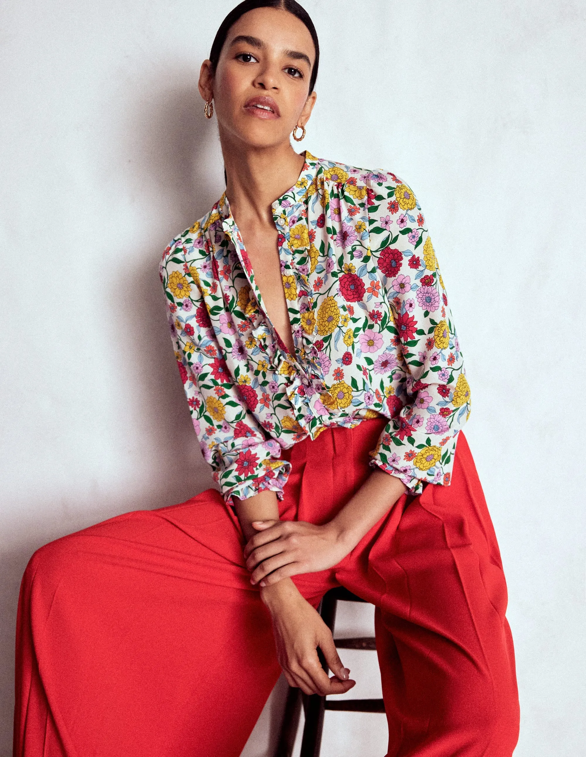 Alice Frill Front Silk Top-Multi, Dahlia Trail Wrinkle Free Texture Stretchy Top