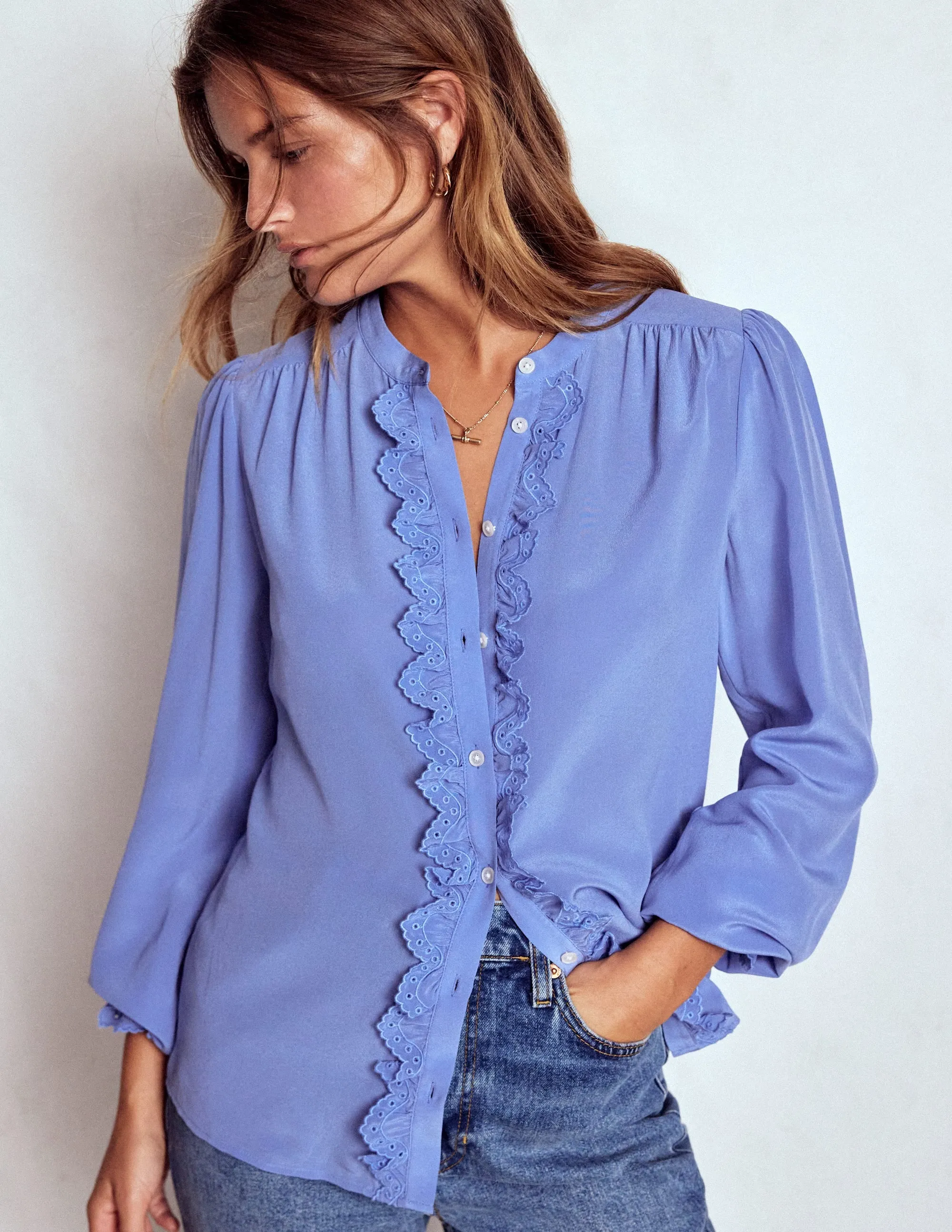 Alice Frill Front Silk Top-Soft Blue Broderie Reinforced Buttonholes