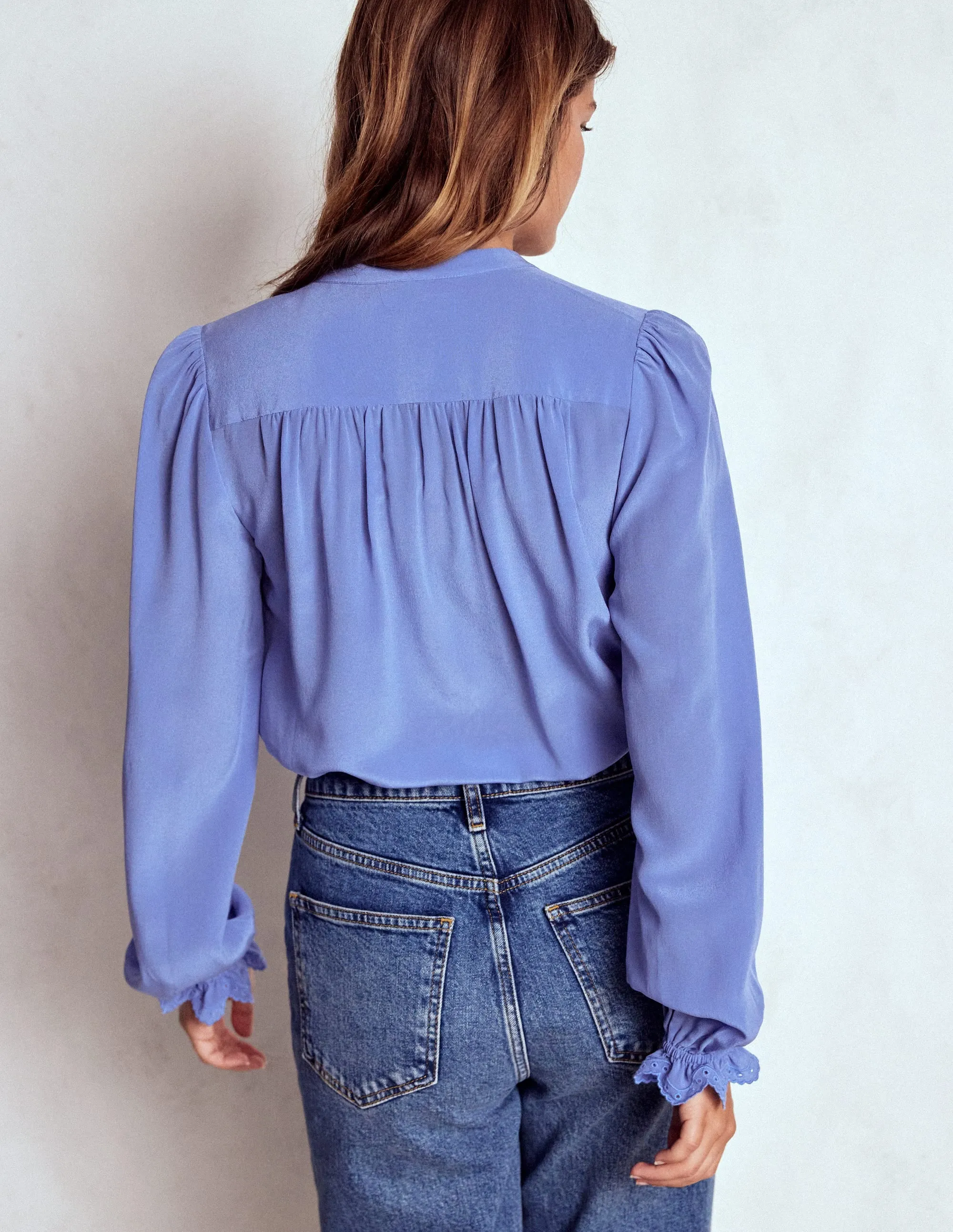 Alice Frill Front Silk Top-Soft Blue Broderie Unstructured Silhouette Breathable3DKnit