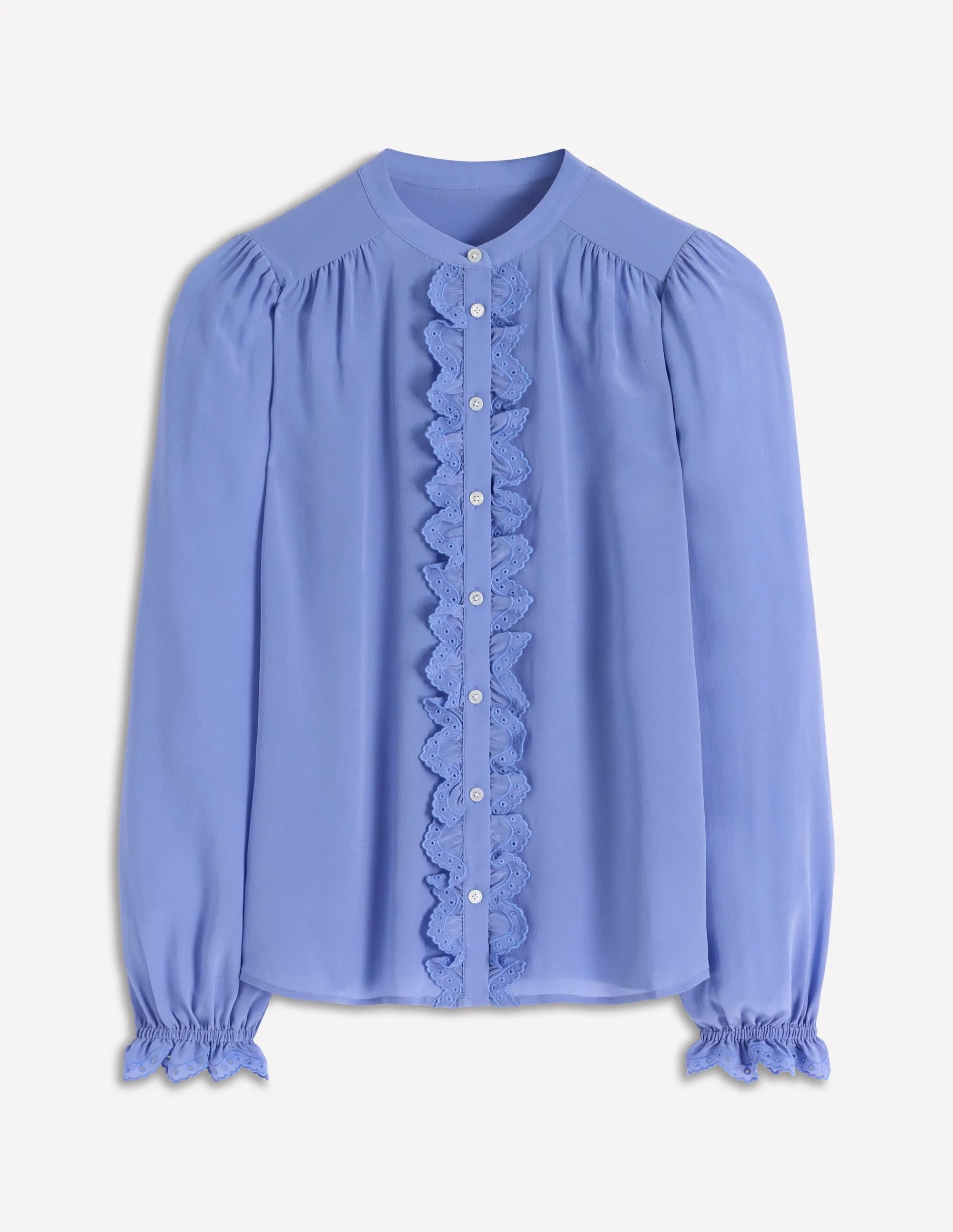 Alice Frill Front Silk Top-Soft Blue Broderie Thermochromic Color Shift Tech NonIrritating