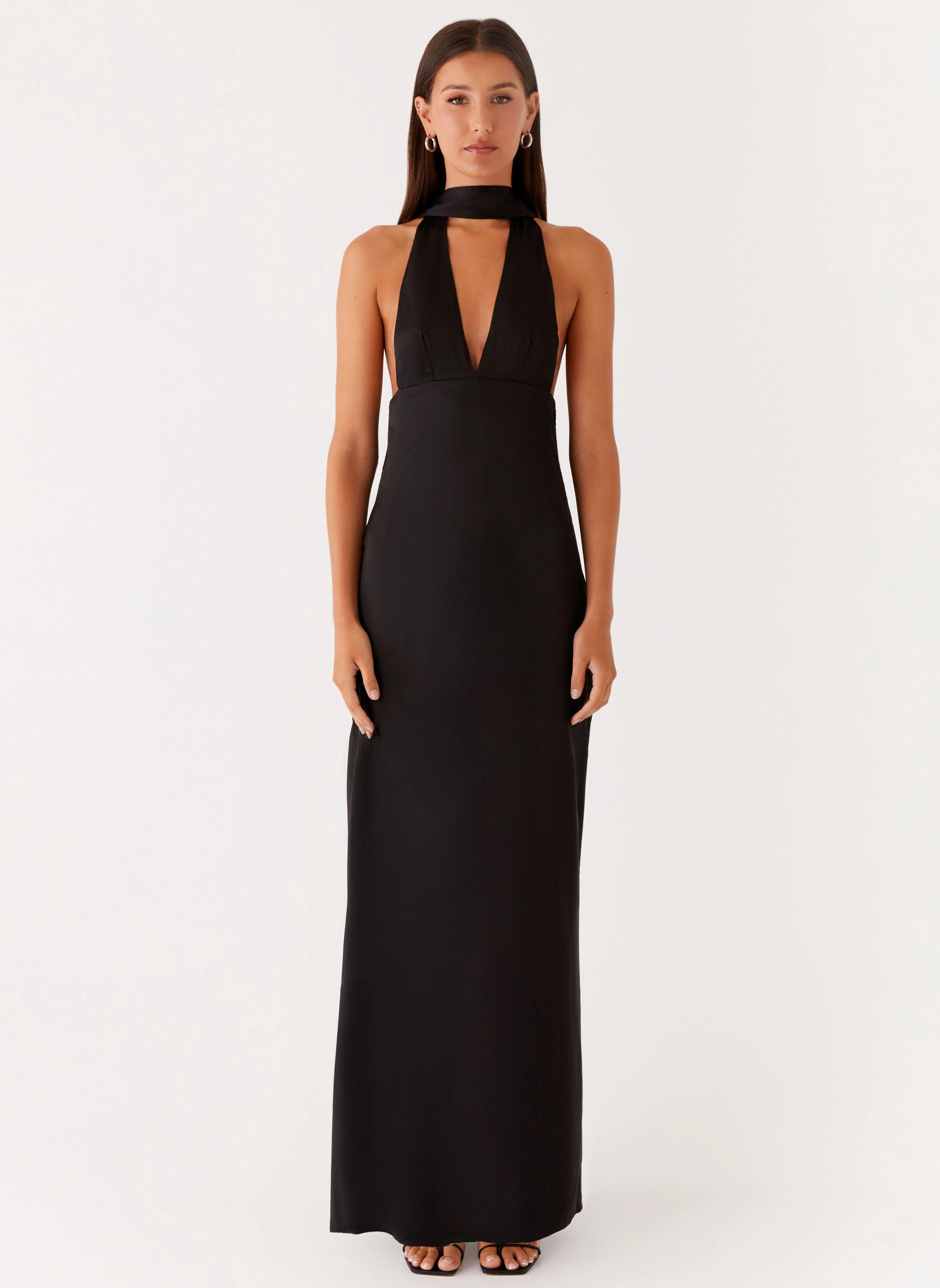 Alicia Satin Halter Maxi Dress - Black