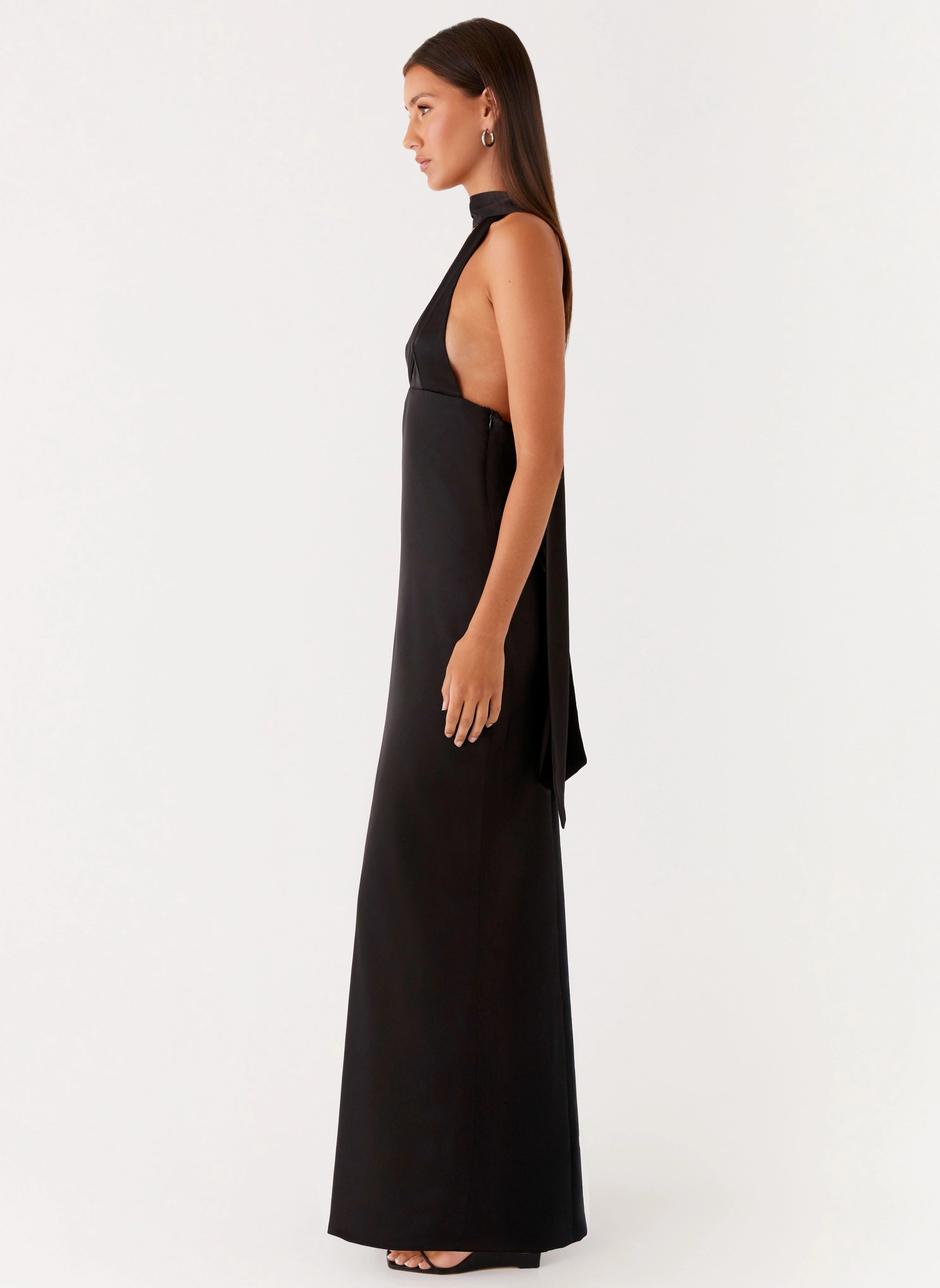 Alicia Satin Halter Maxi Dress - Black