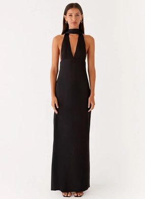 Alicia Satin Halter Maxi Dress - Black