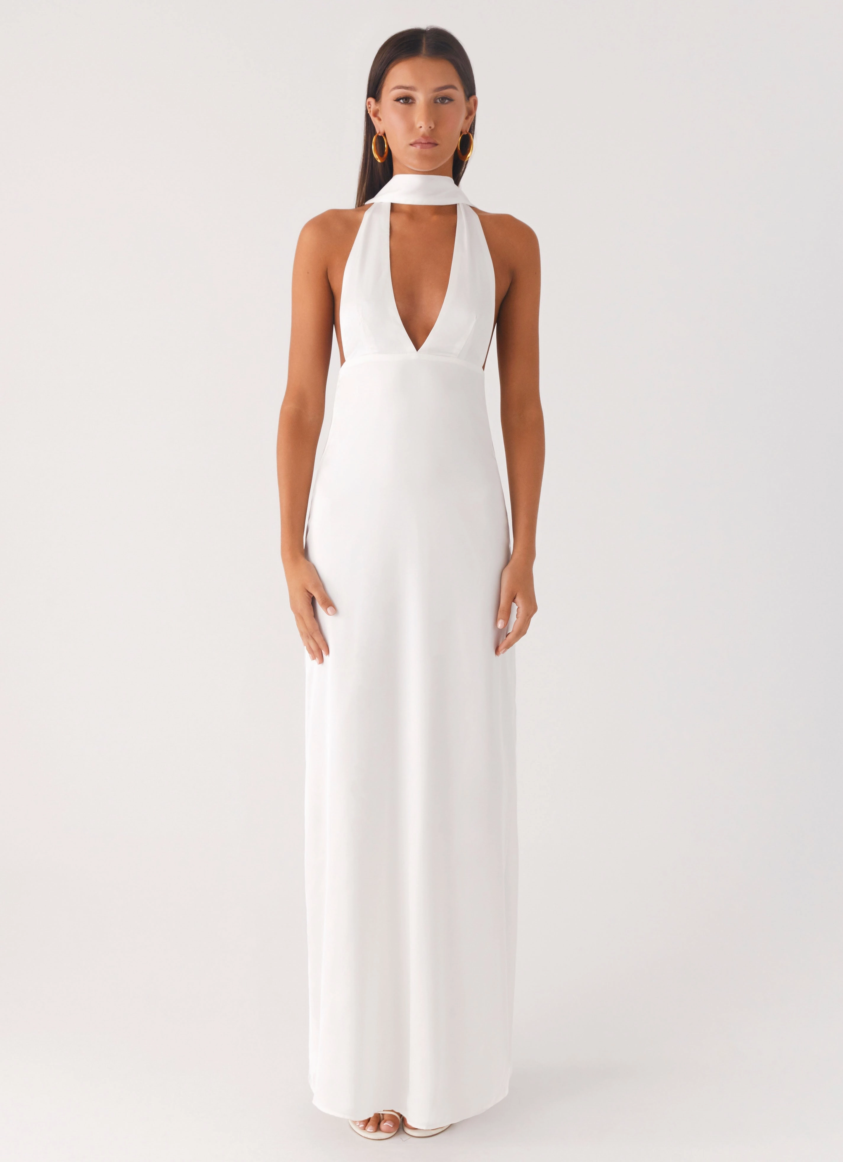 Alicia Satin Halter Maxi Dress - White