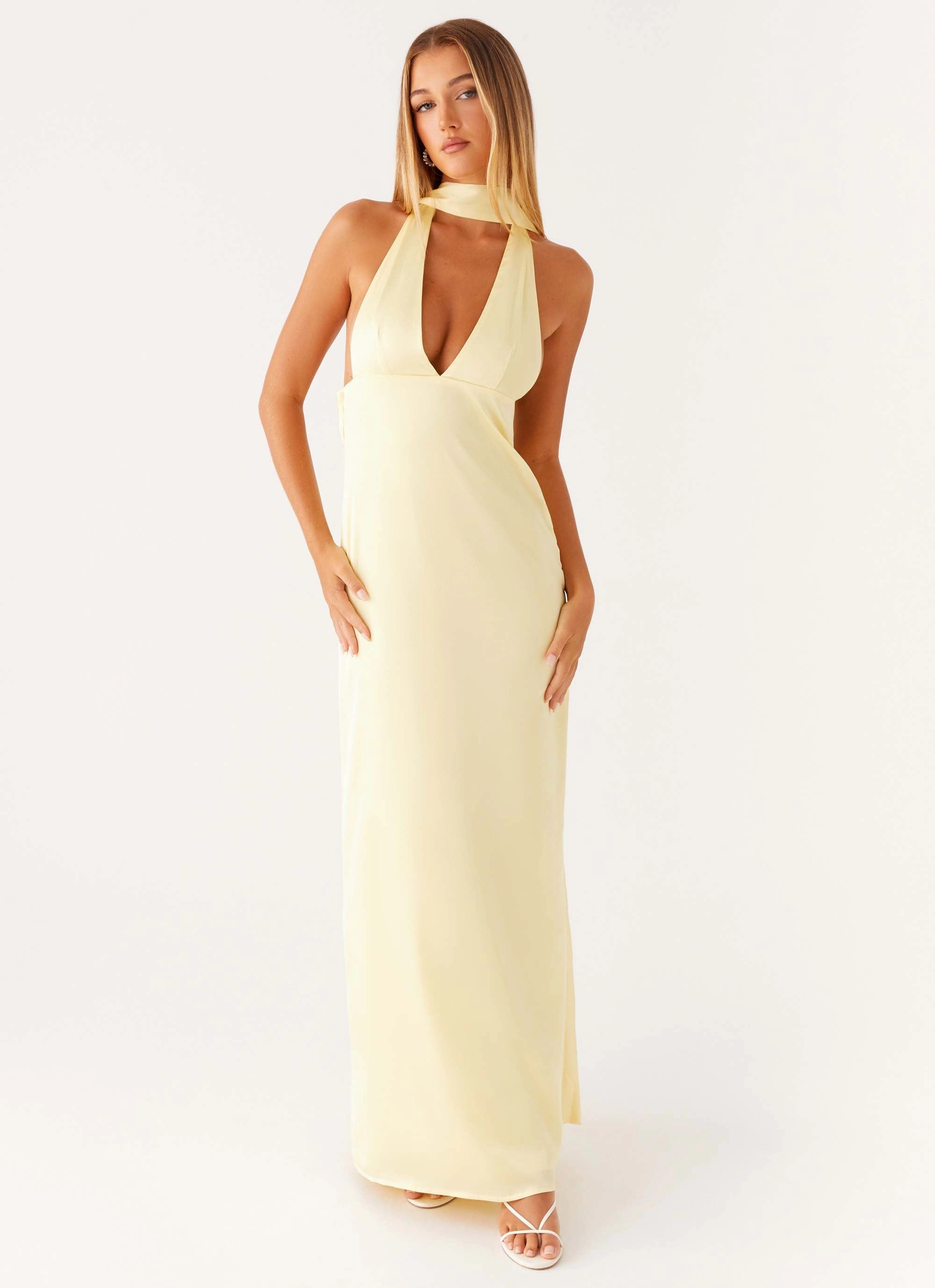 Alicia Satin Halter Maxi Dress - Yellow