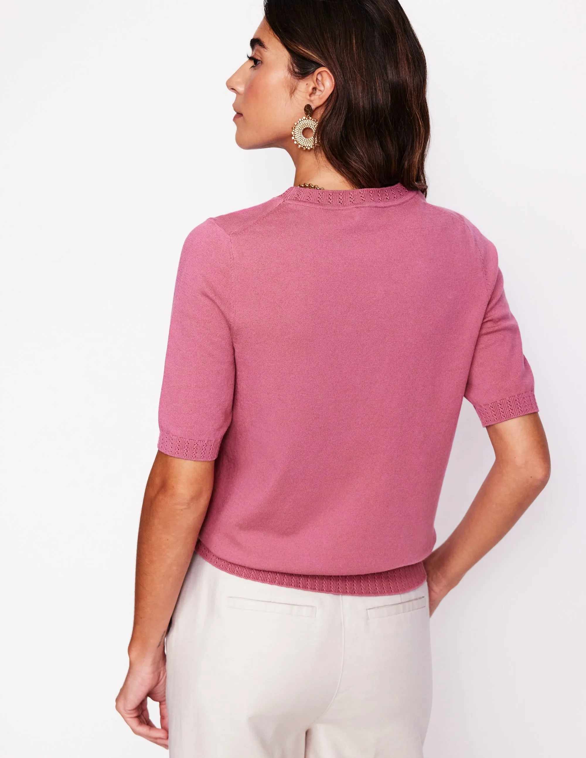 Emilia Cotton Crew T-shirt-Pink Heather WideRibbed Texture Indoor Layer
