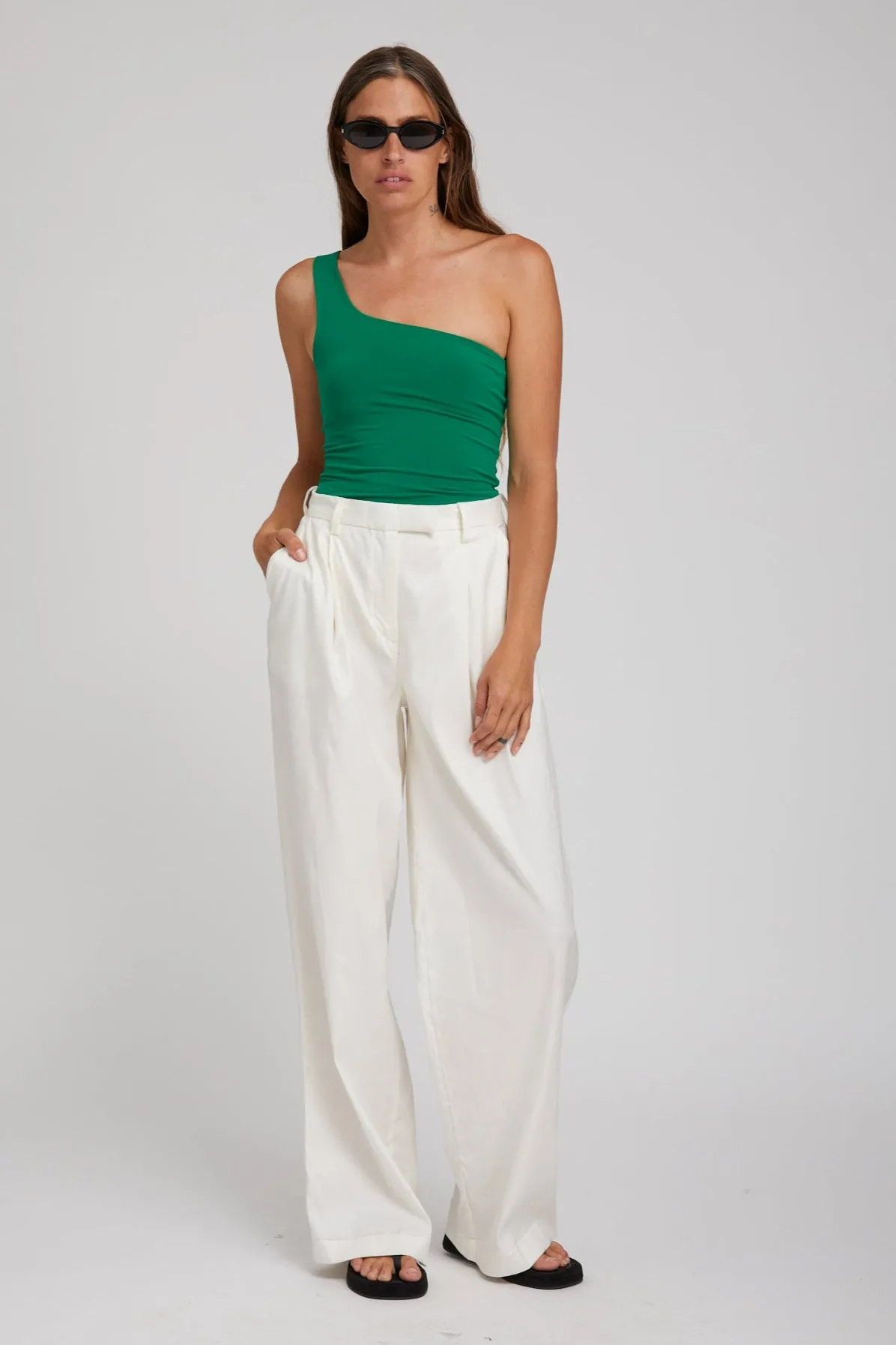 Curved Hemline Evergreen City One Shoulder Top