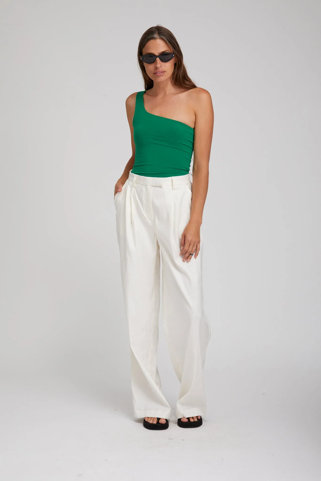 Evergreen City One Shoulder Top Adjustable drawstring ButtonFront