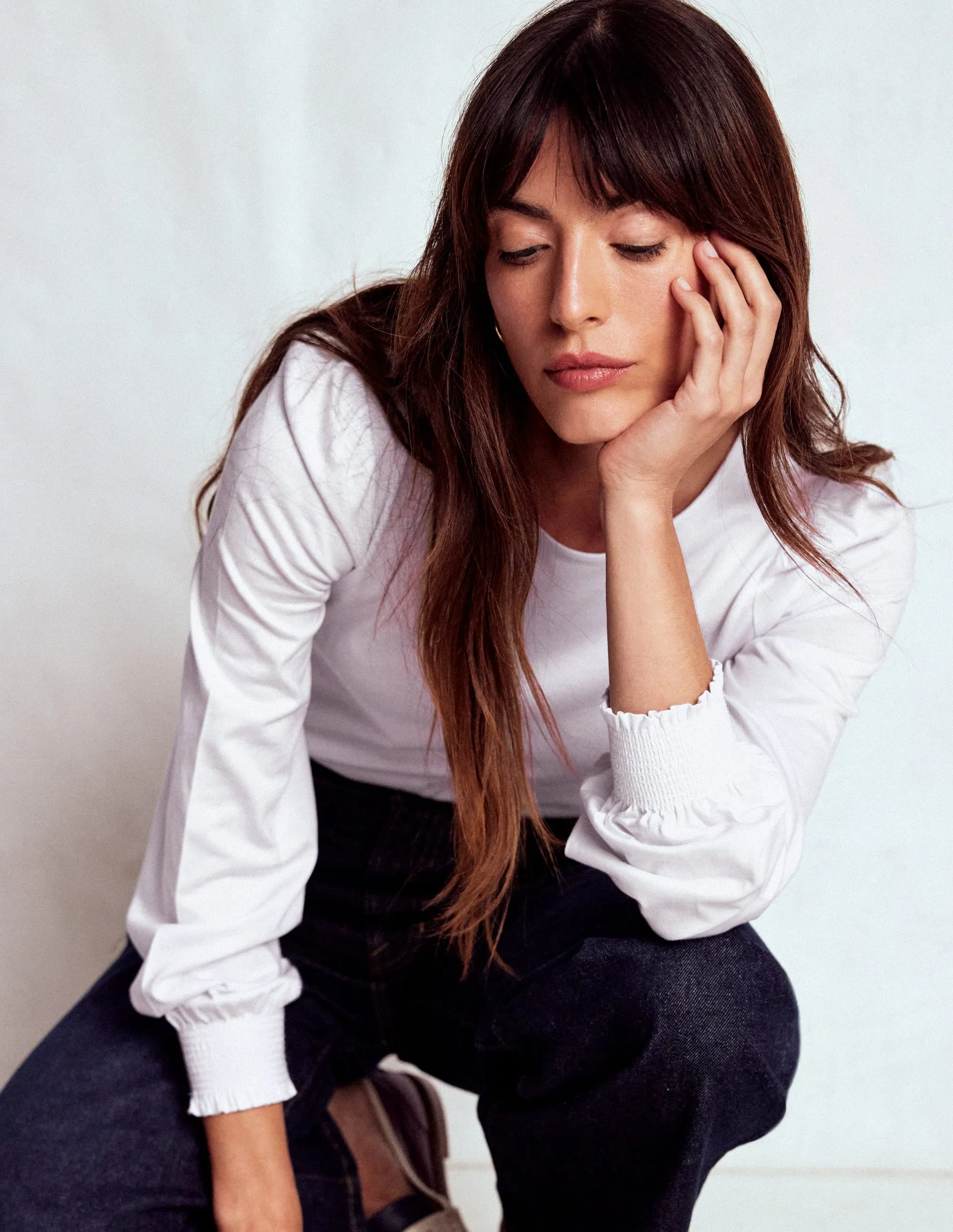 Smocked Cuff Supersoft Top-White ContrastStitching