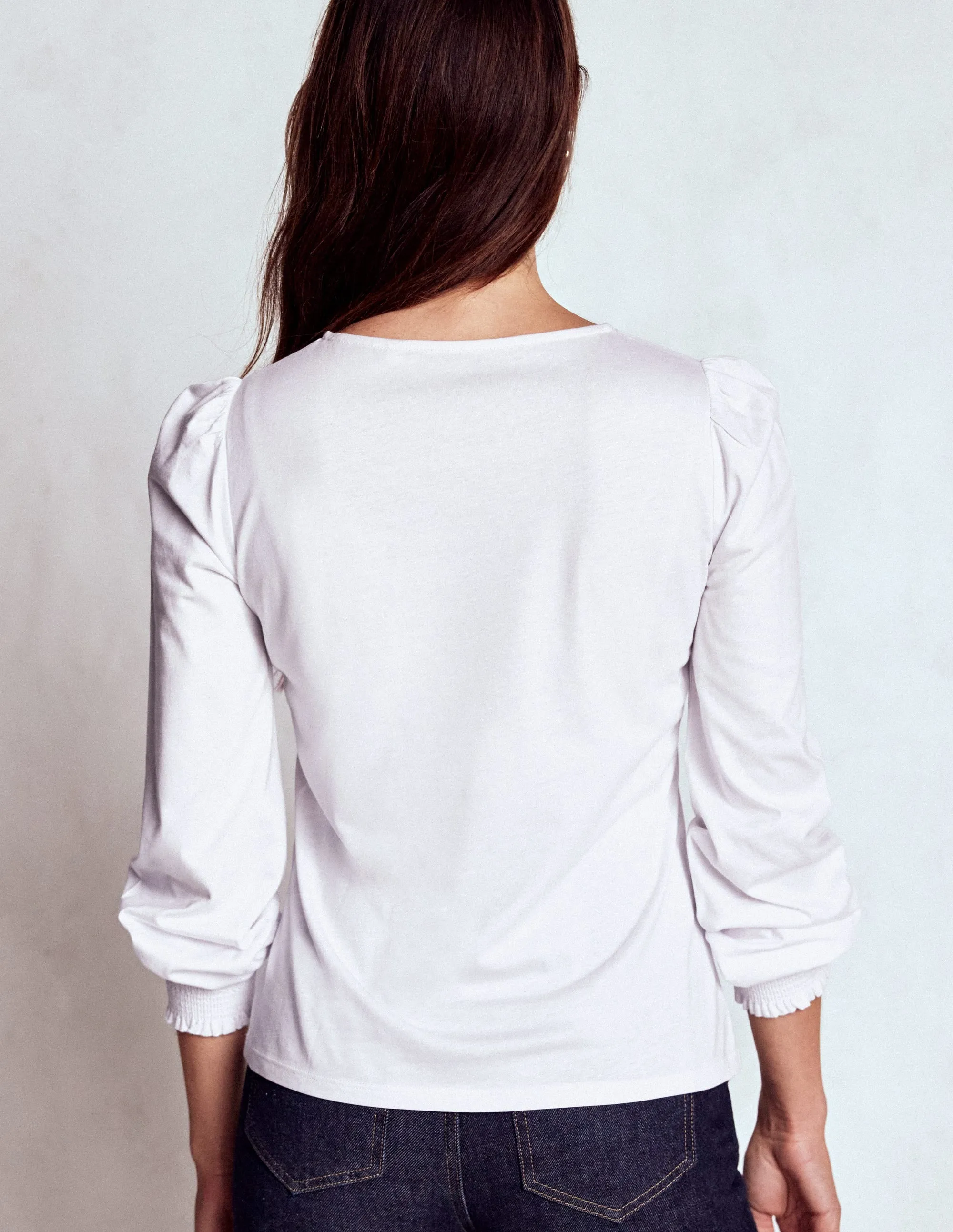 Interlock Weave Smocked Cuff Supersoft Top-White