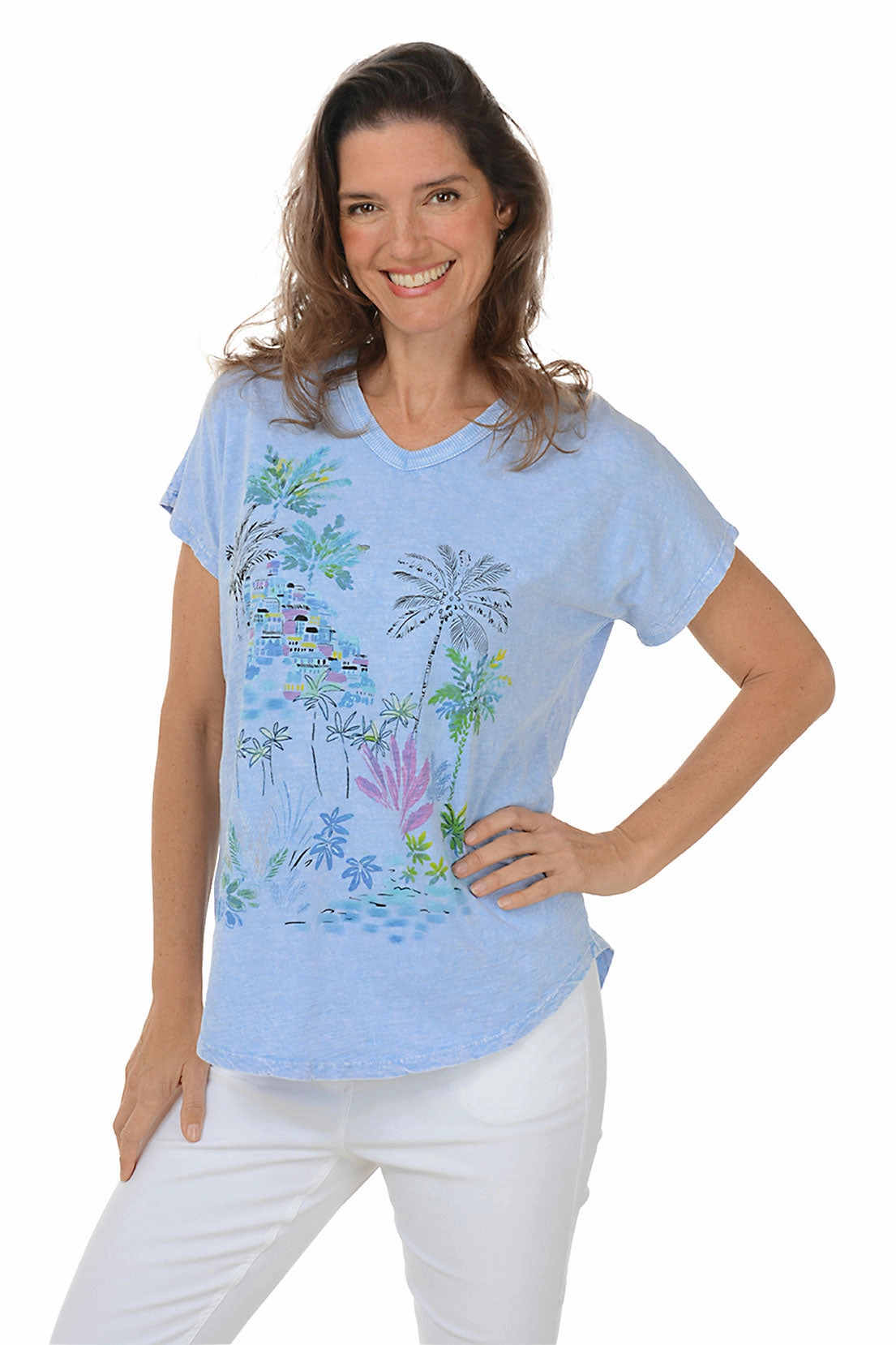 Wind Resistant Fabric LightweightLayeredFabric Seaside Mineral Wash Short Dolman Sleeve Top