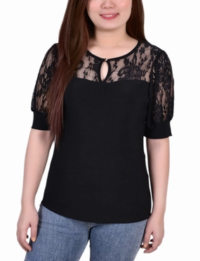 Activewear Top Classic Polo Petite Short Puff Sleeve Top With Lace Sleeves And Yoke