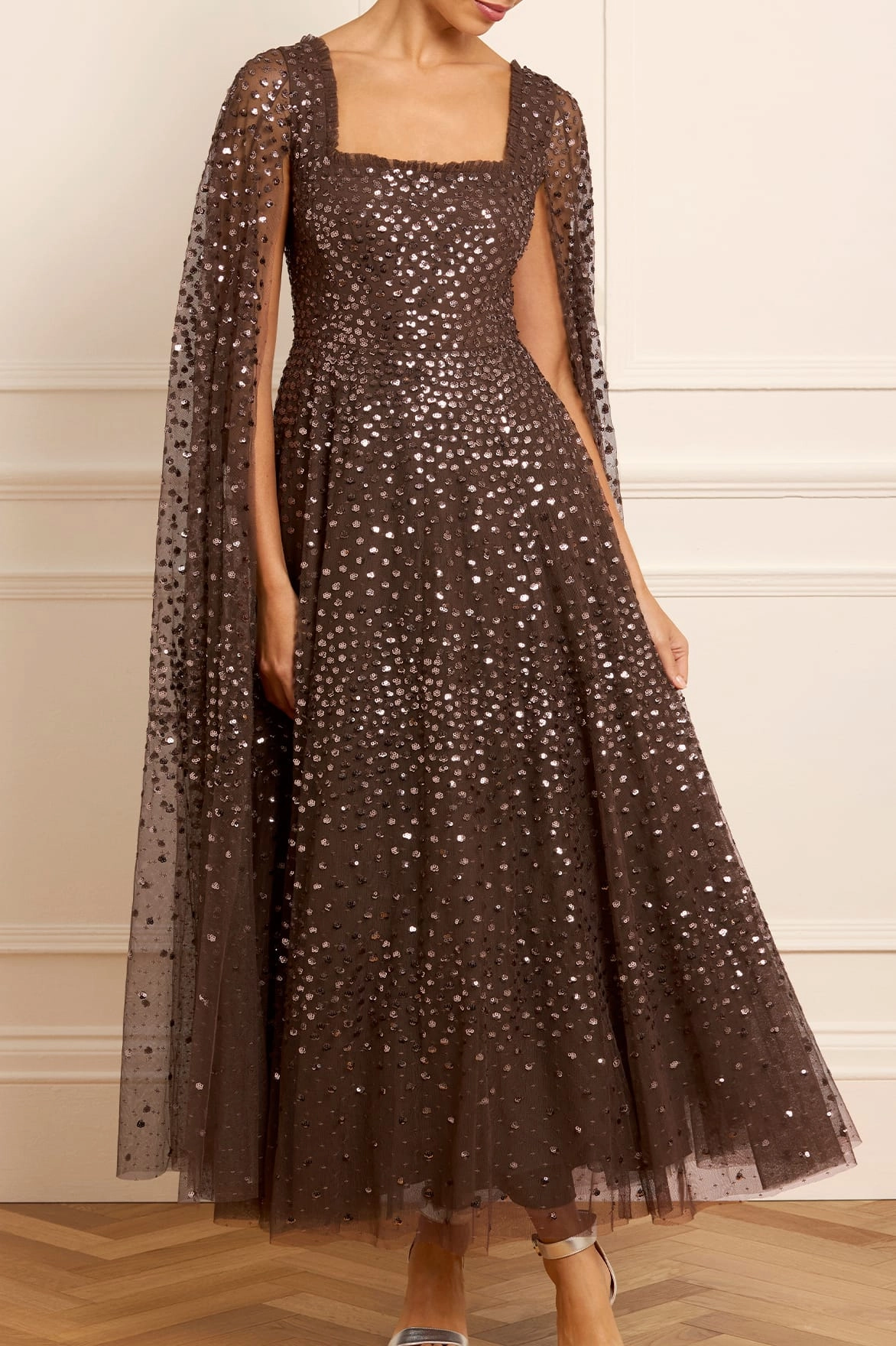 Scatter Dot Cape Sleeve Ankle Gown Comfort Mode Buckle-Detail