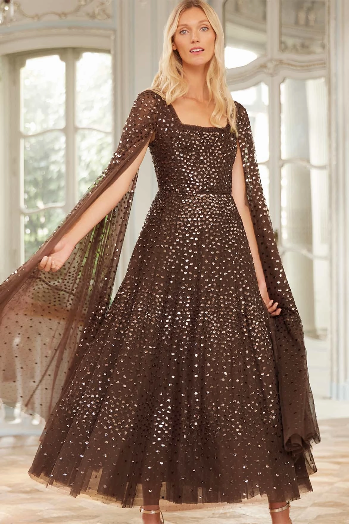 Light Attitude Scatter Dot Cape Sleeve Ankle Gown