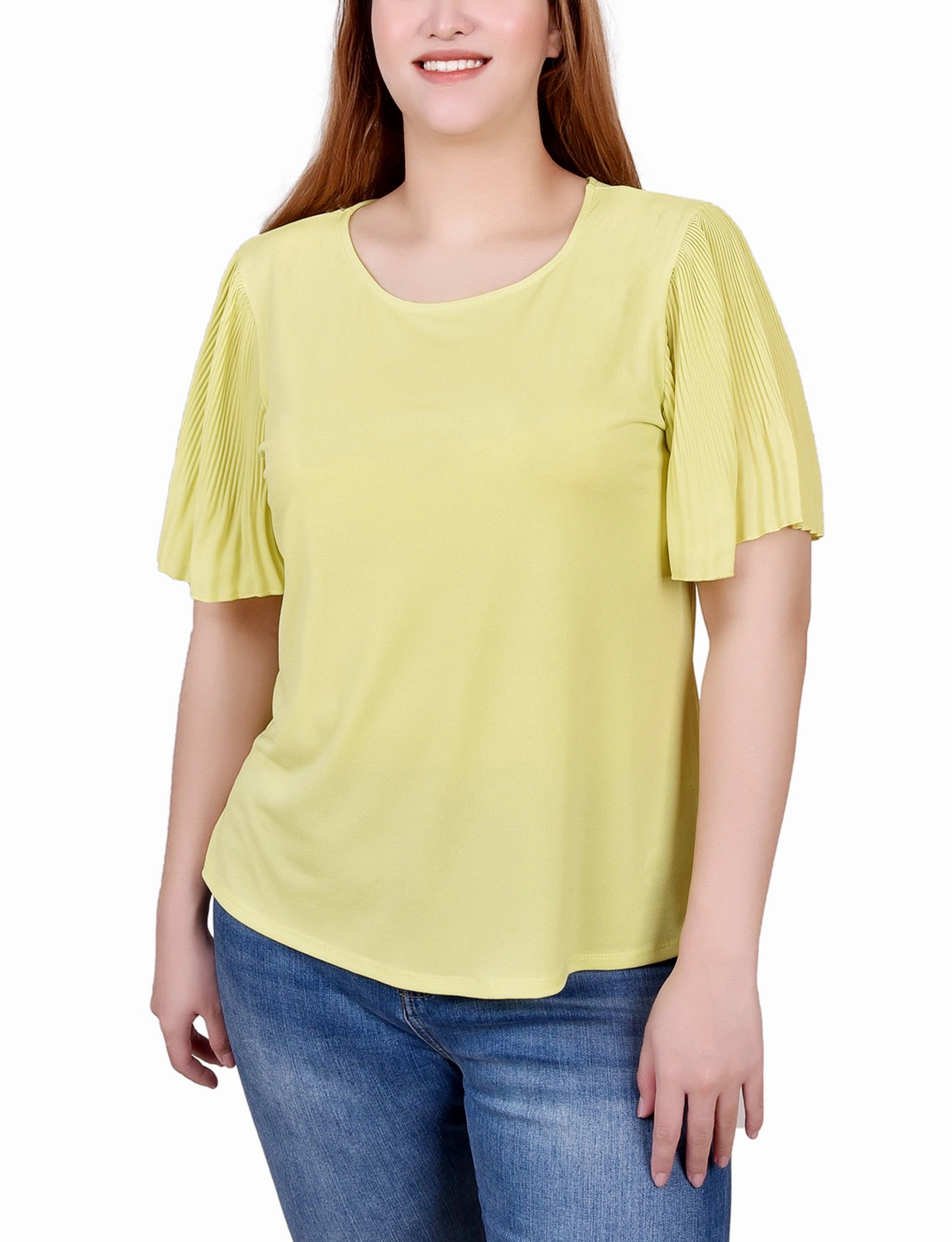Petite Pleated-Sleeve Top AdjustableNeckline