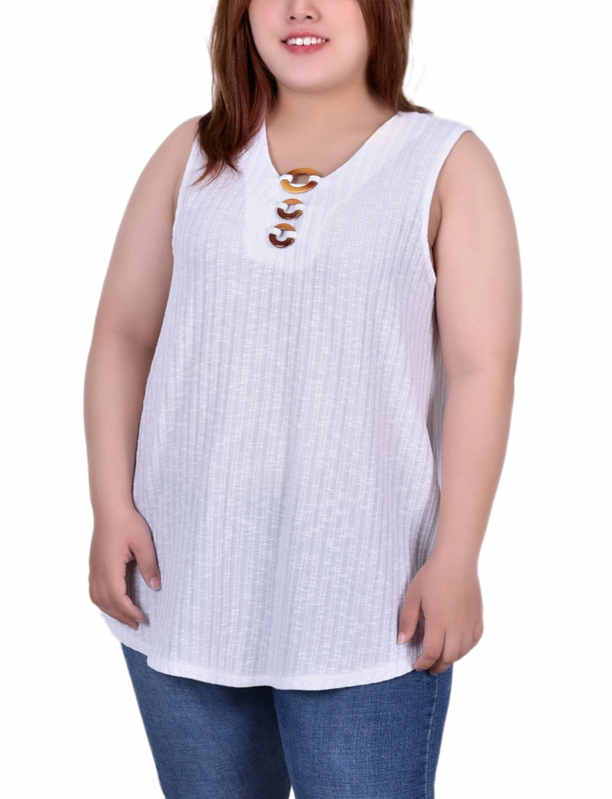 Cozy Knit Plus Size Sleeveless Ribbed Top With Triple Rings