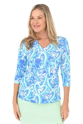 High Density Weave Blue Heart Explosion Classic UPF50  V-Neck Top