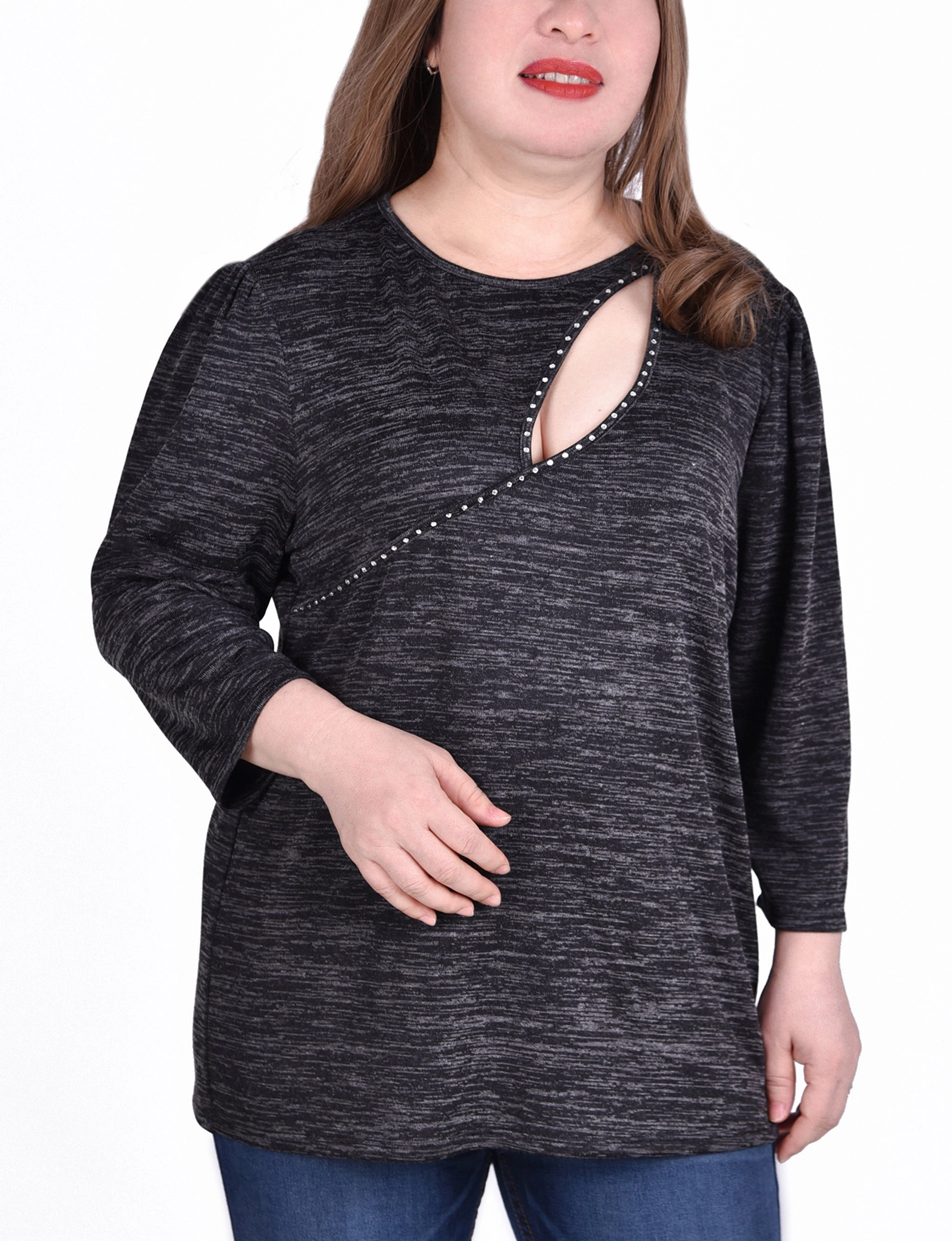 Plus Size 3/4 Sleeve Tunic Top With Front Cutout LayeredCuff