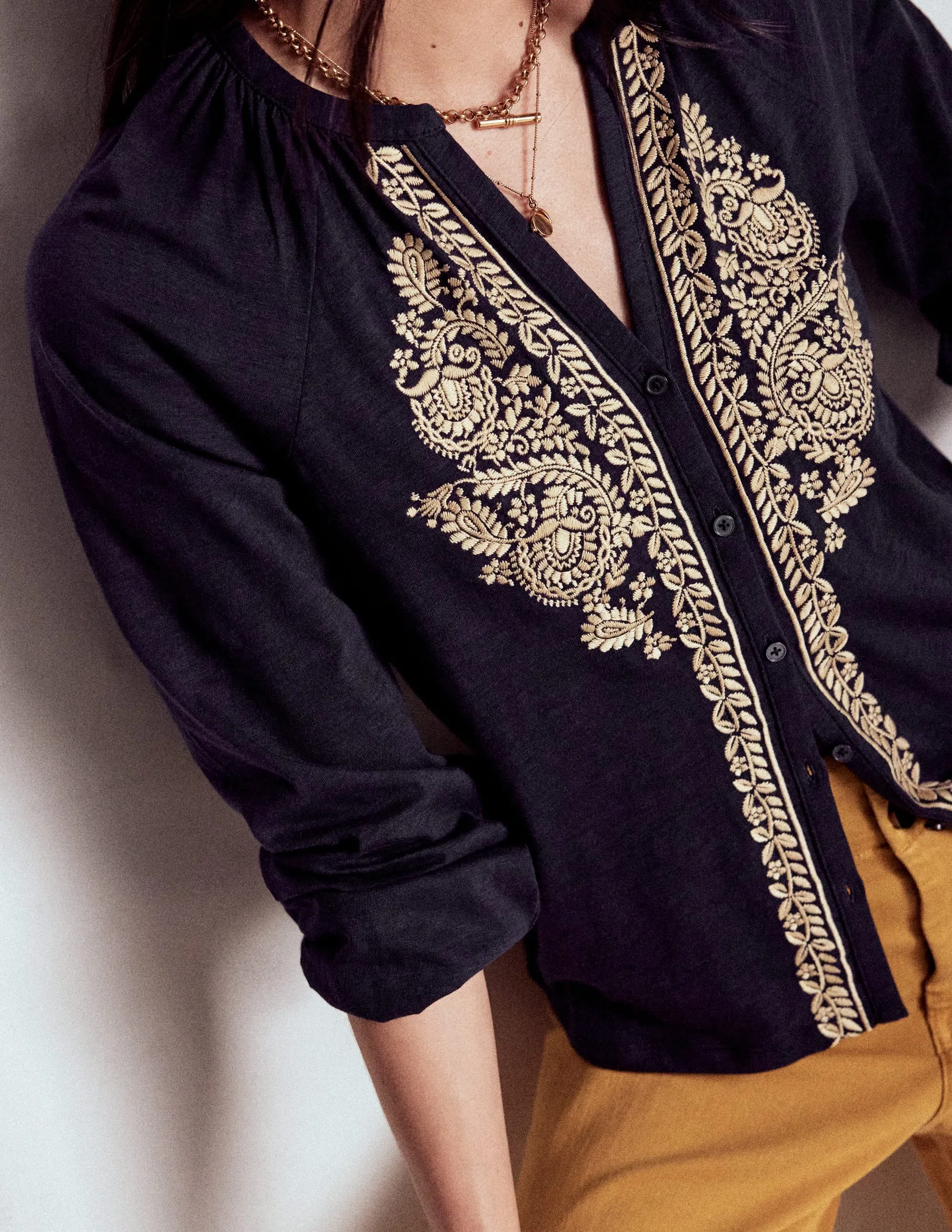 FrictionResistant Trim Button Down Collar Style Alma Embroidered Shirt-Navy