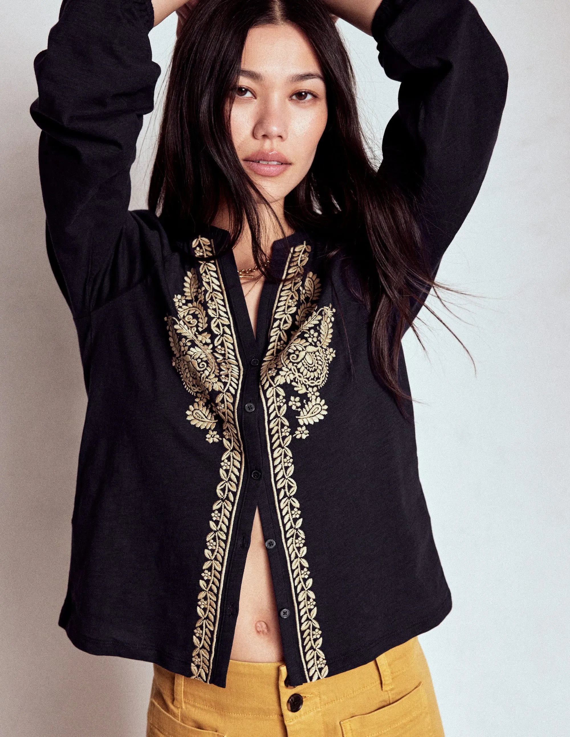 StaticResistant Material Alma Embroidered Shirt-Navy