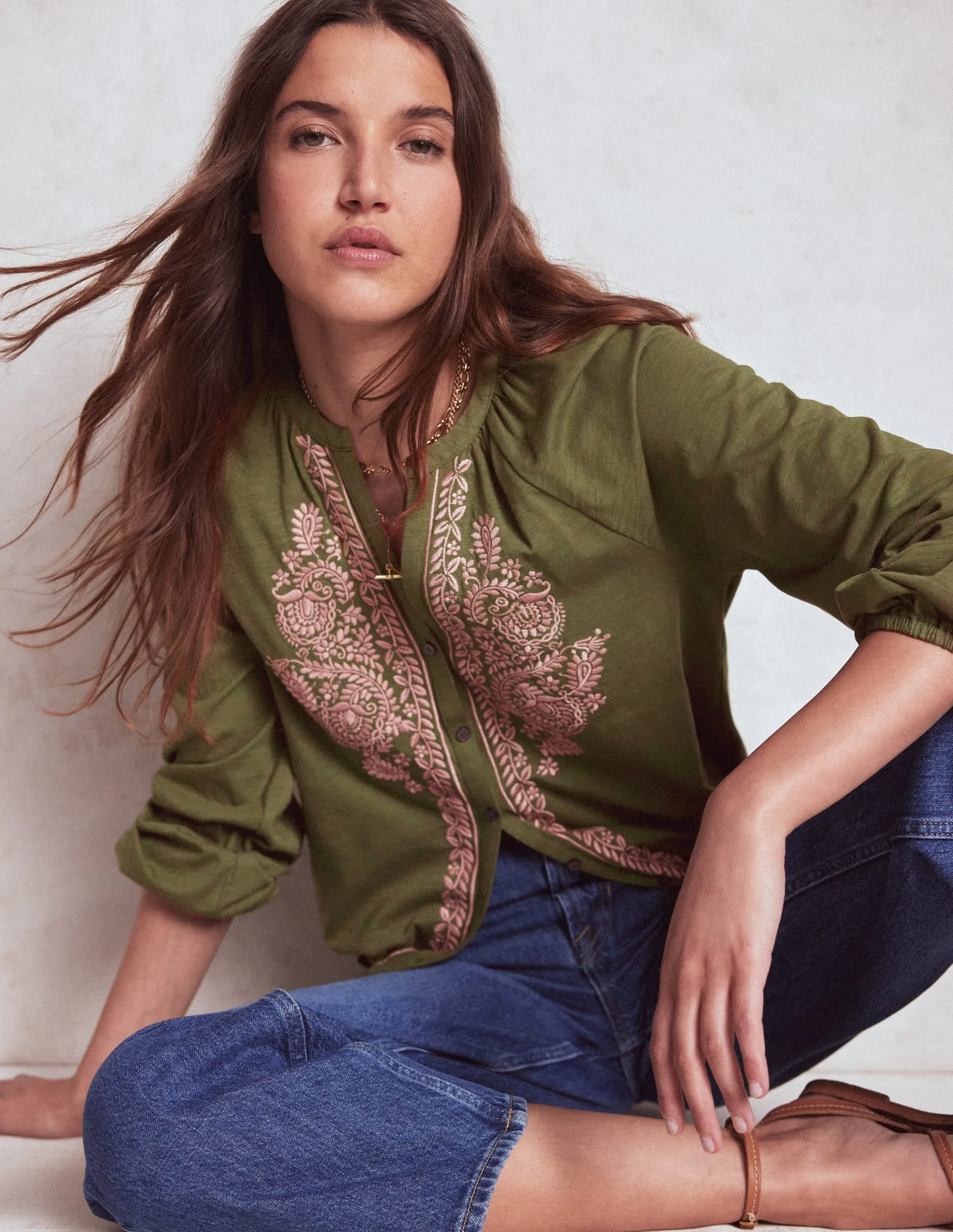 ConvertibleSleeves Yarn Dye Stripe Alma Embroidered Shirt-Woodland Green