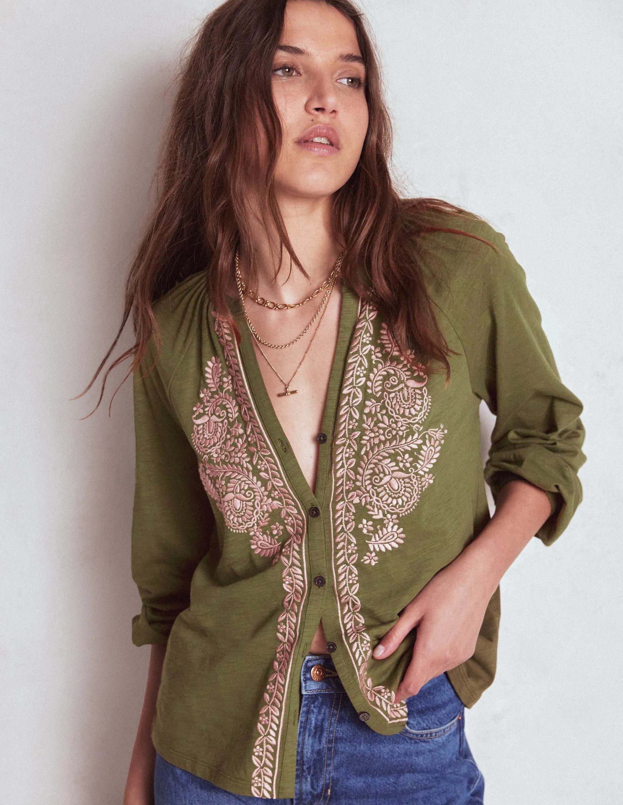 Alma Embroidered Shirt-Woodland Green Contrast Stitch Accent FrayResistant Fabric