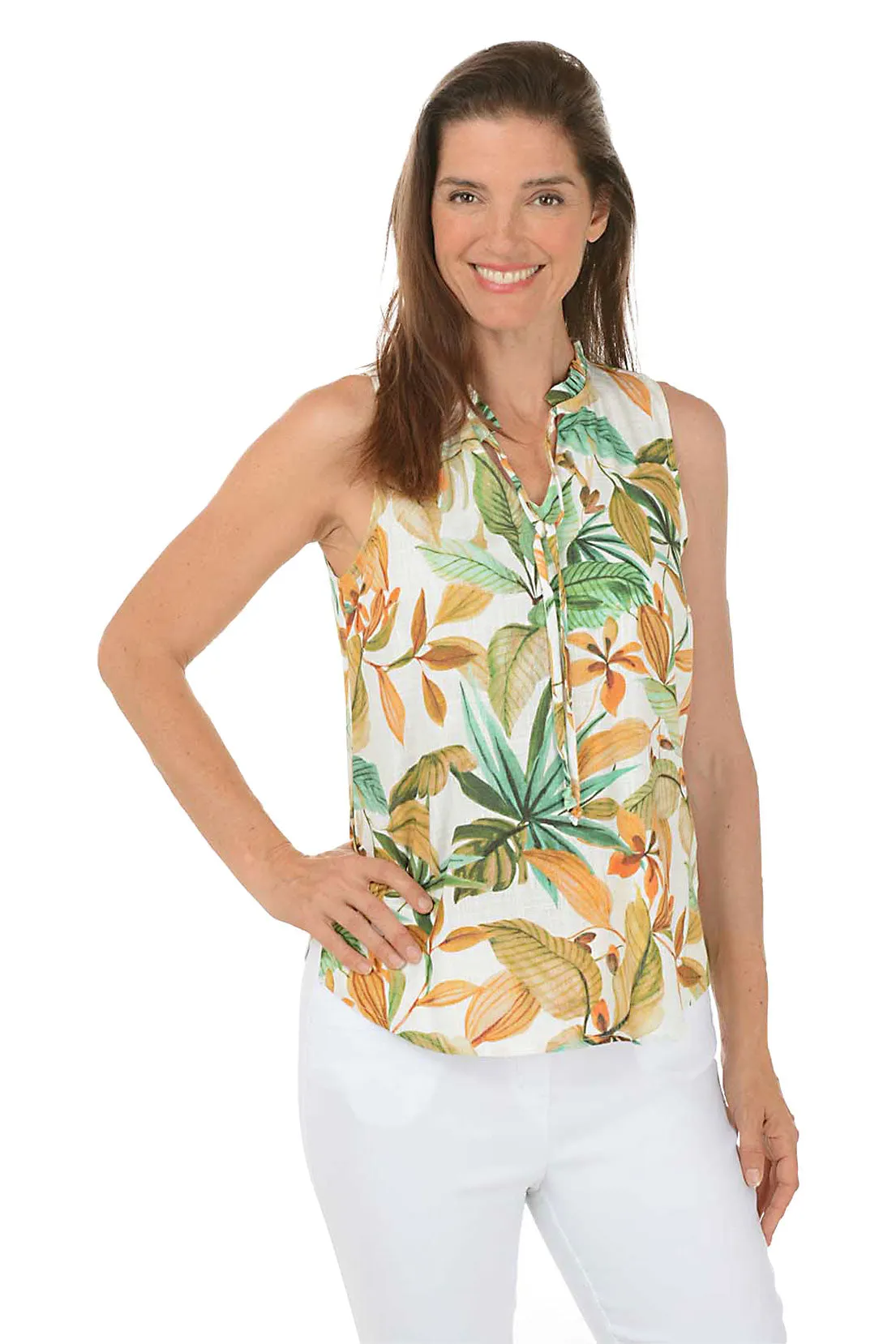 UltraSoftLining Aloe Leaf Ruffled Neck Sleeveless Blouse