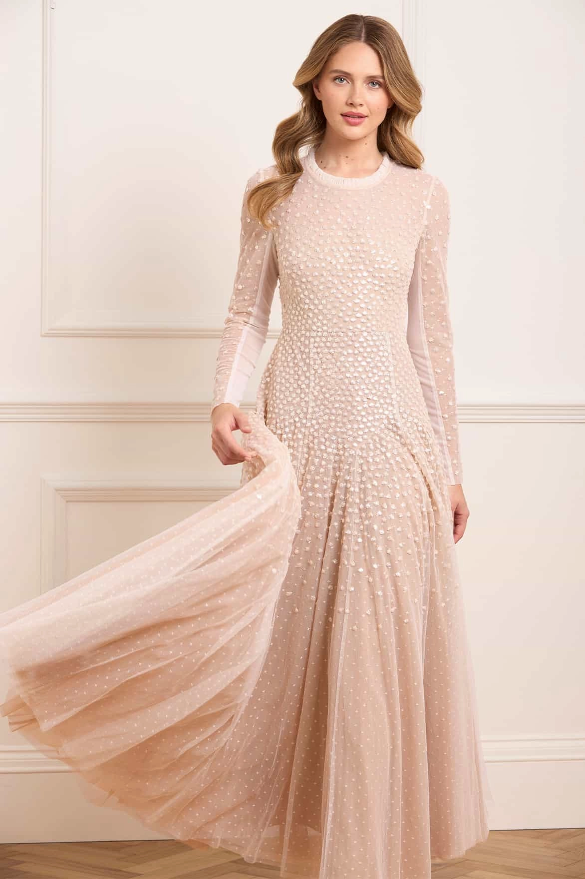 Comfortable fit-and-flare dress Shore Time Sequin Cascade Round Neck Gown