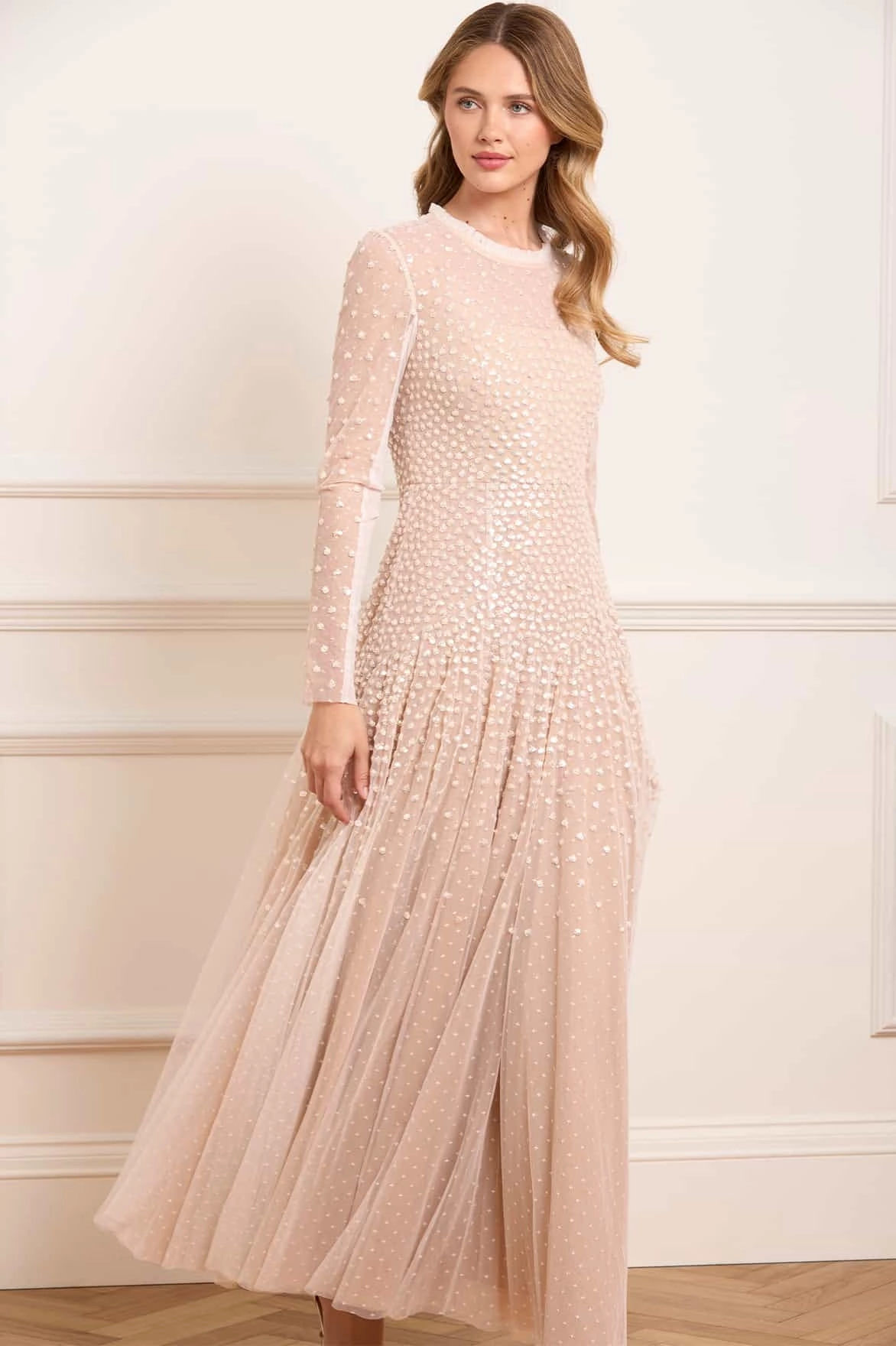 Sequin Cascade Round Neck Gown Calm Outfit Flattering Design