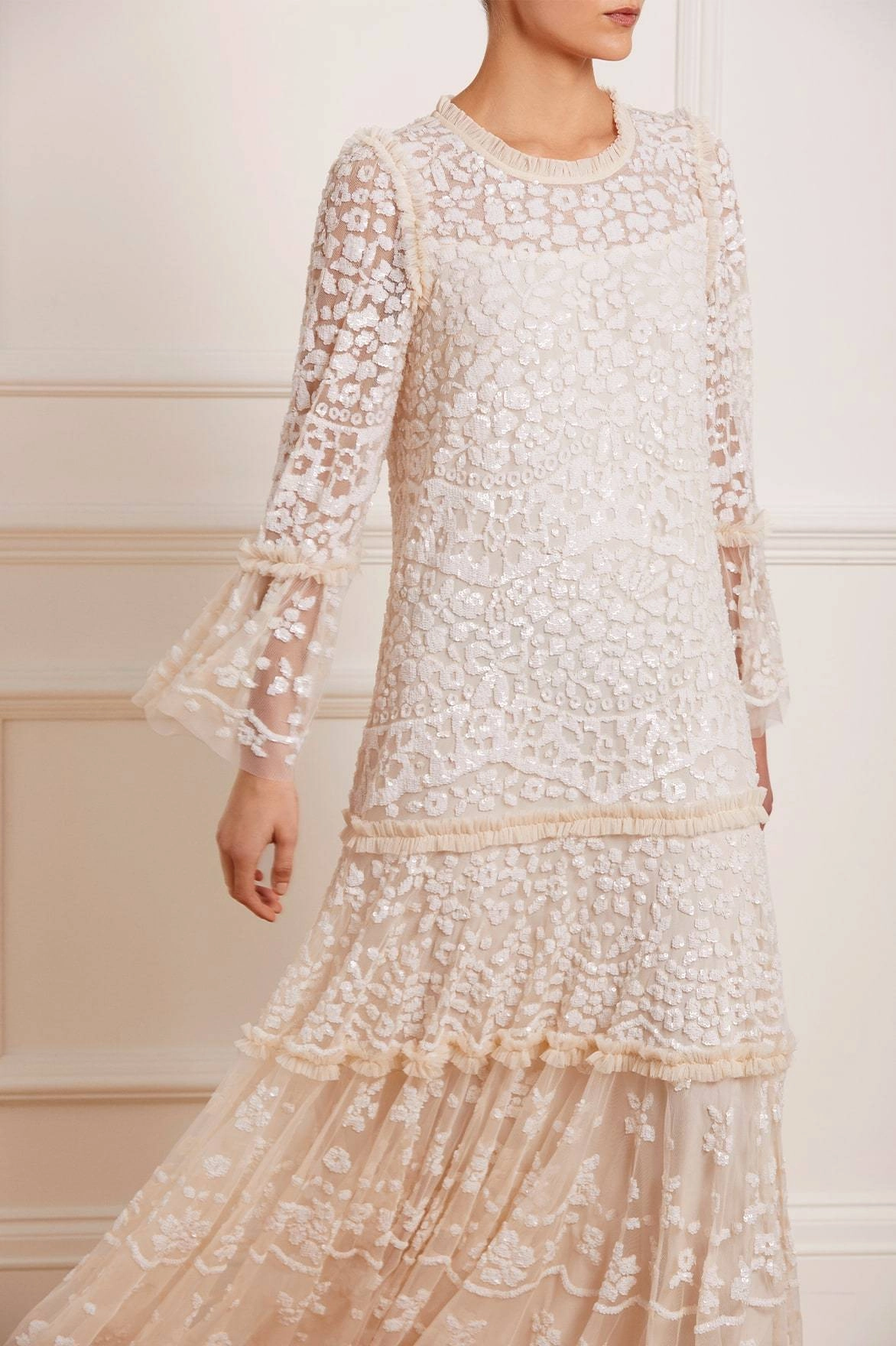 Annie Sequin Tiered Ankle Gown Texture Mood