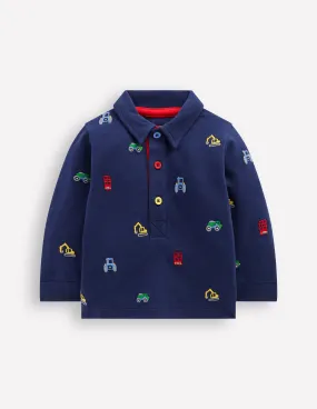 Jersey Sweat Rugby Shirt-Blue Transport Embroidery Double Stitched Hem