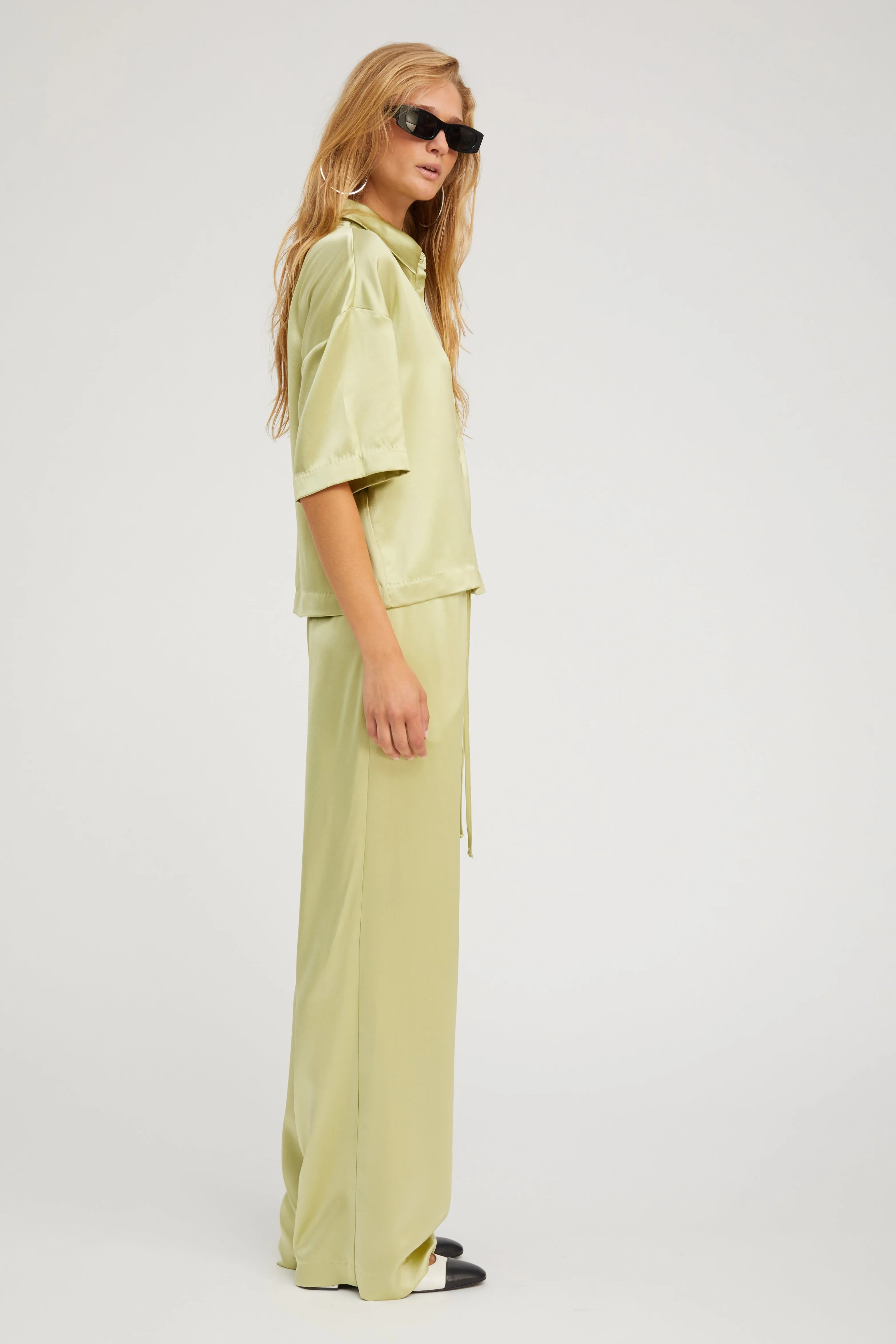 Drop Shoulder Design Pistachio Silk Polo Top