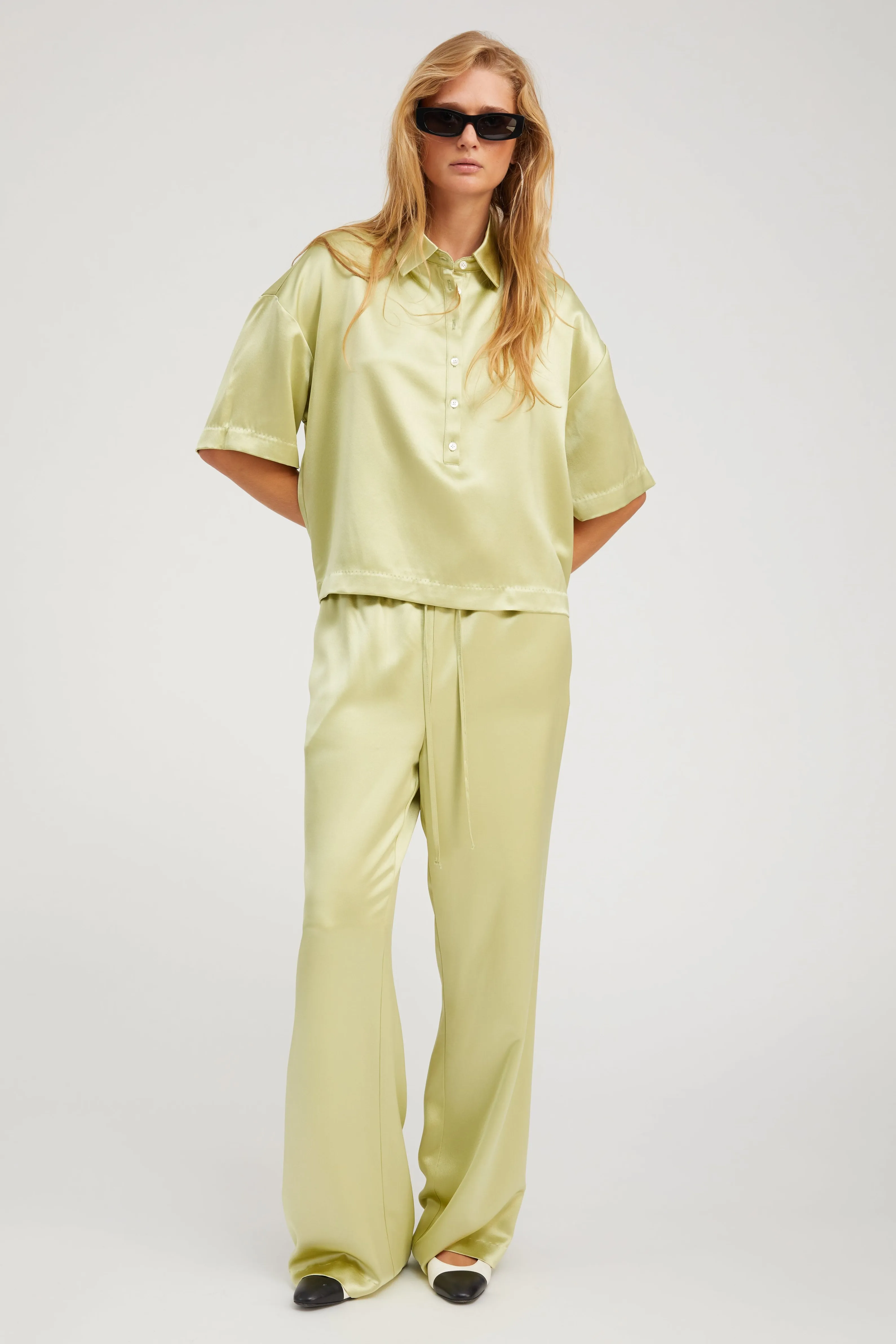 Pistachio Silk Polo Top FlexibleCuffs