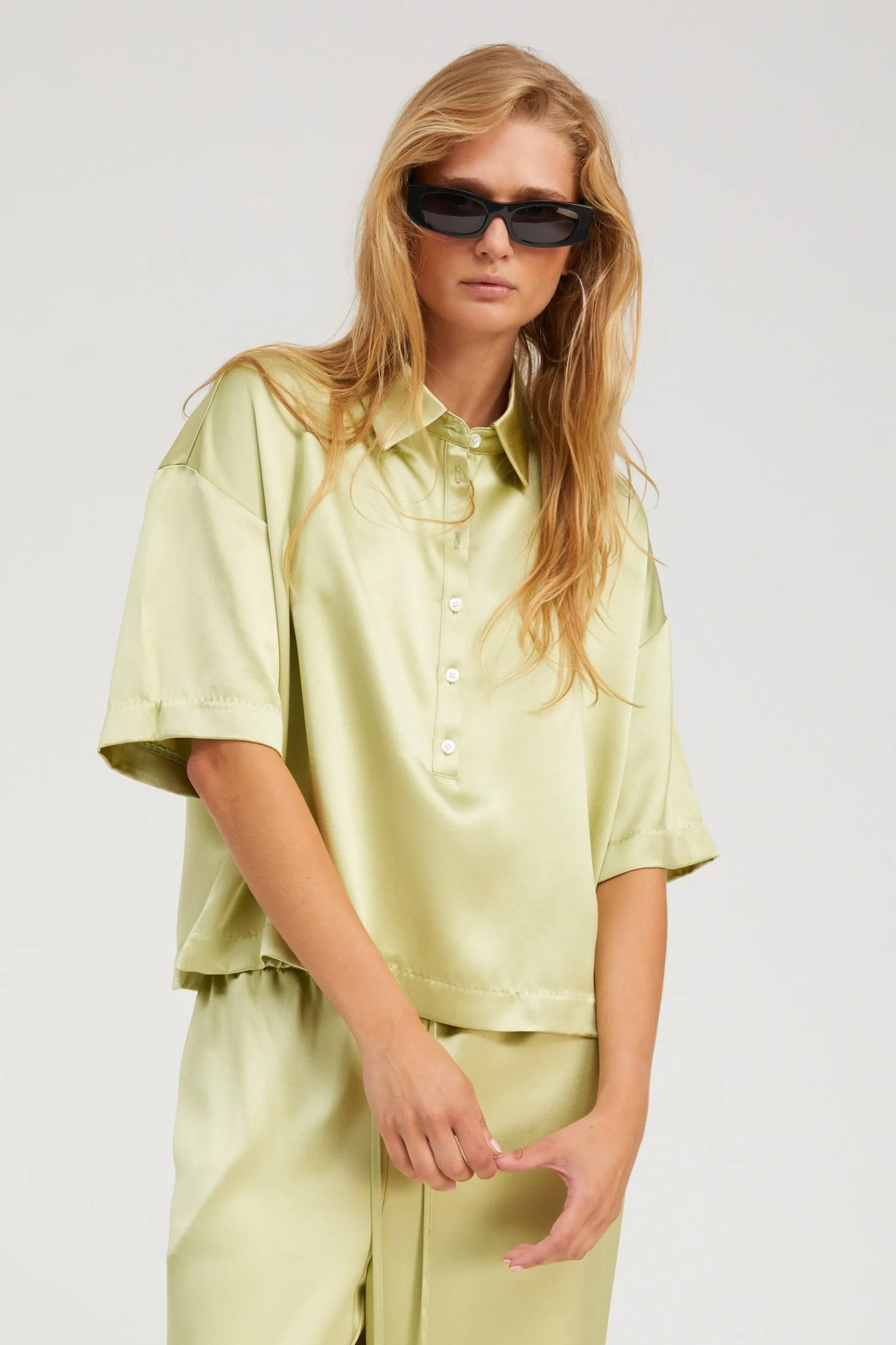 Casual Style Roll Up Sleeve Design Pistachio Silk Polo Top