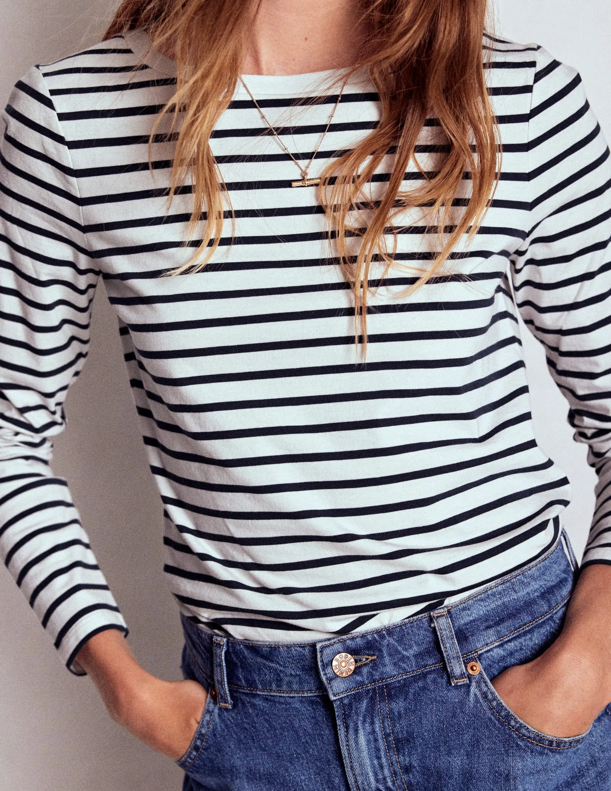 Olivia Long Sleeve Breton-Ivory, Navy Eco Friendly Dye